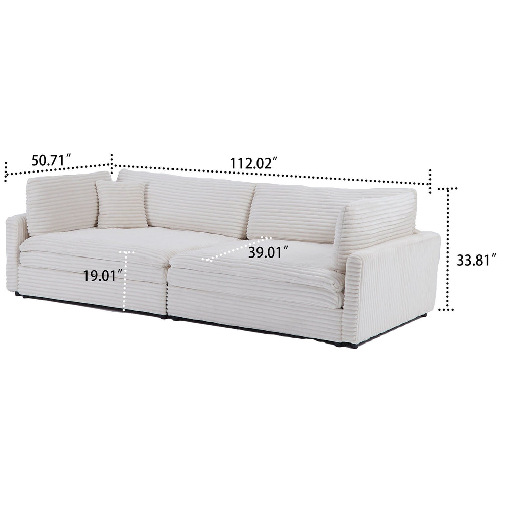 Canapé trois places classique et élégant en velours côtelé avec deux coussins décoratifs