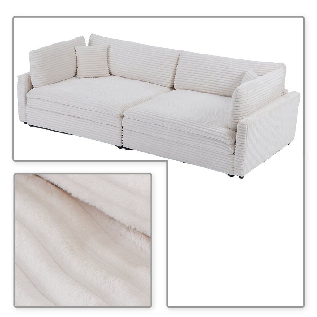 Canapé trois places classique et élégant en velours côtelé avec deux coussins décoratifs