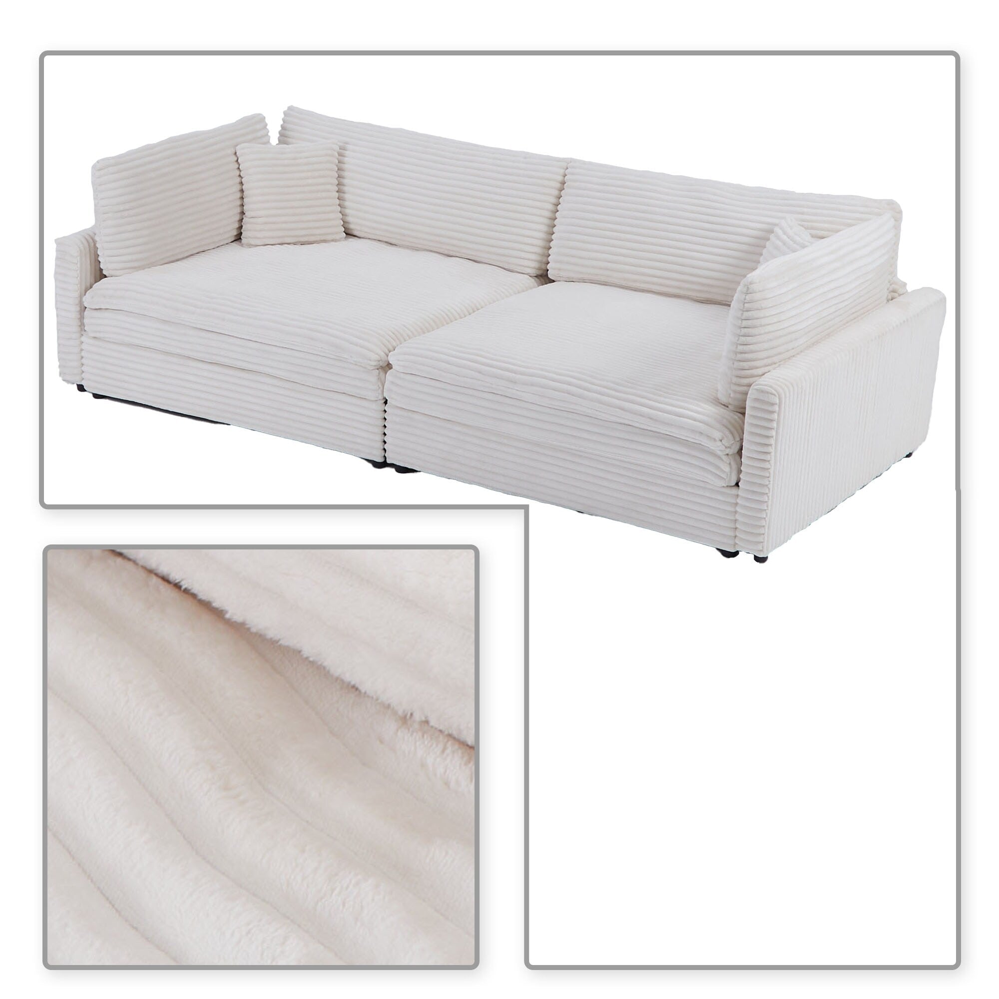 Canapé trois places classique et élégant en velours côtelé avec deux coussins décoratifs