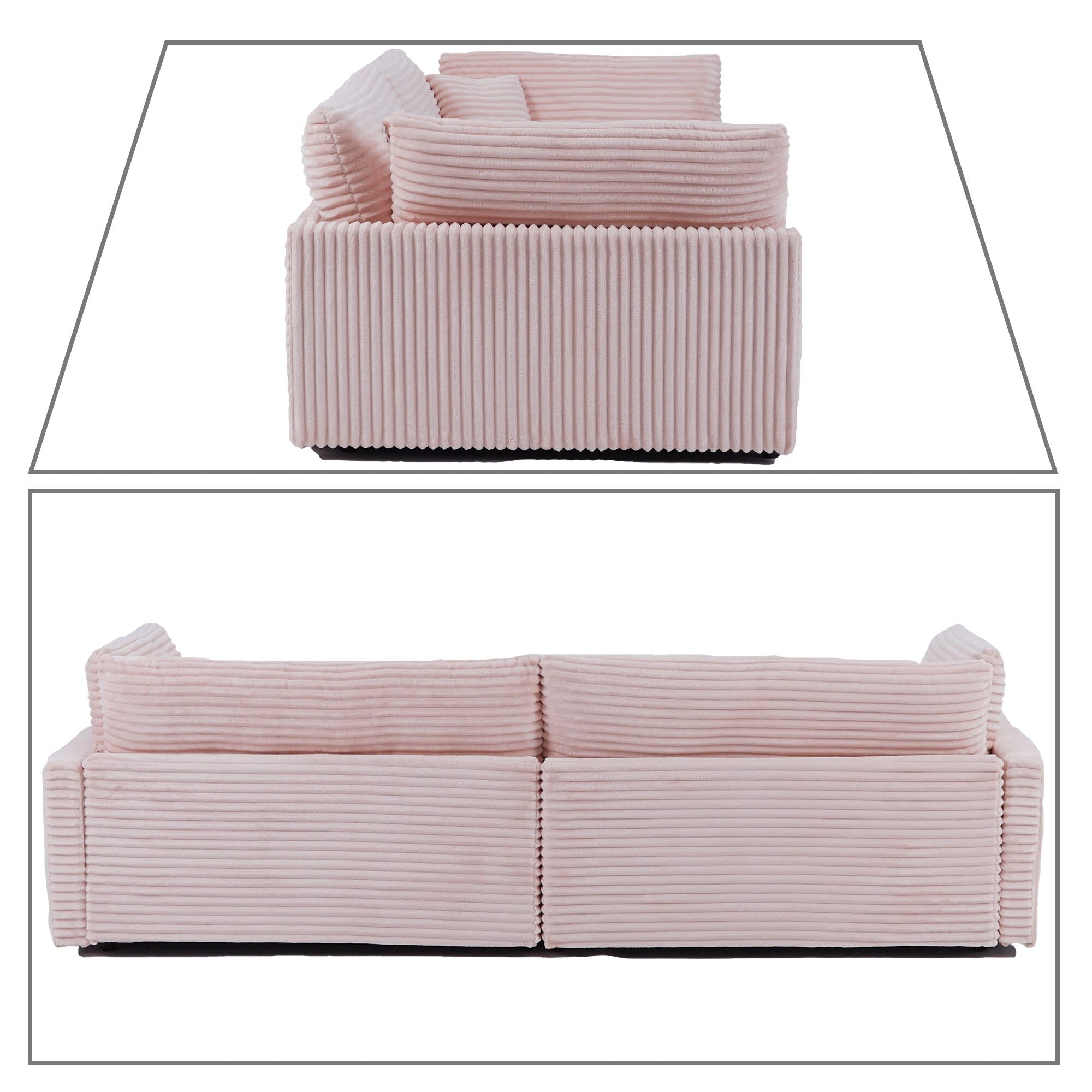 Canapé trois places classique et élégant en velours côtelé avec deux coussins décoratifs