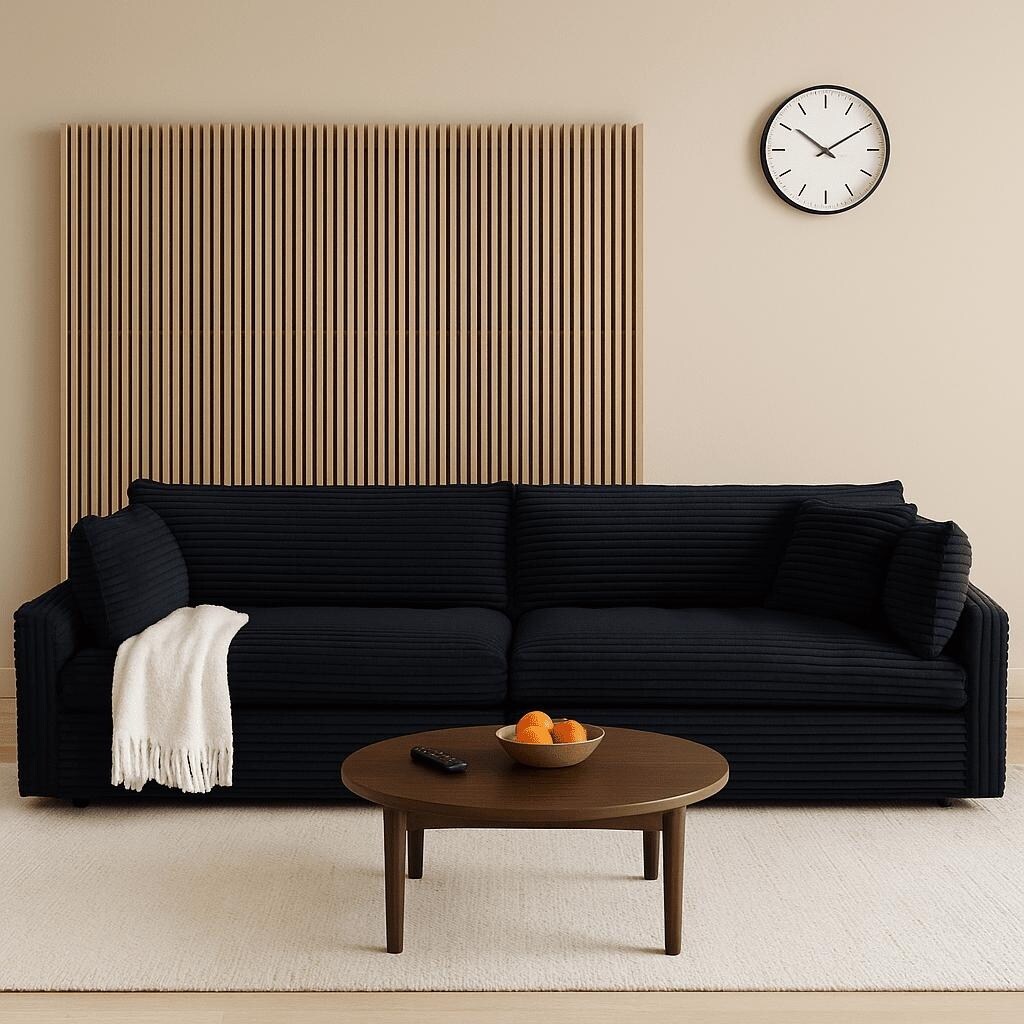 Canapé trois places classique et élégant en velours côtelé avec deux coussins décoratifs