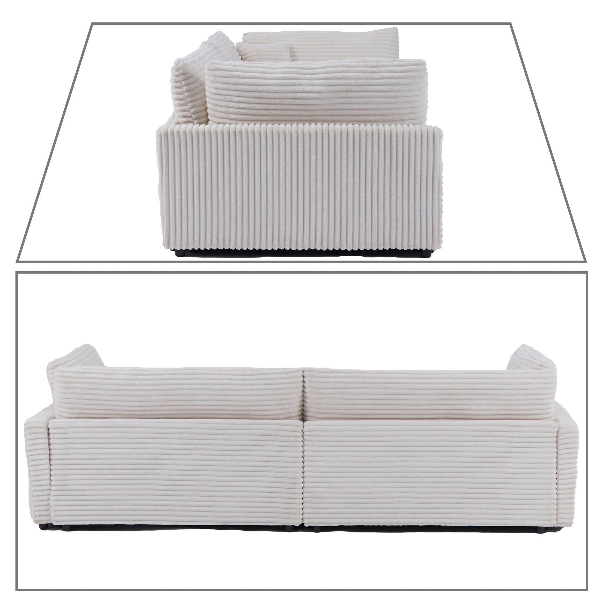 Canapé trois places classique et élégant en velours côtelé avec deux coussins décoratifs