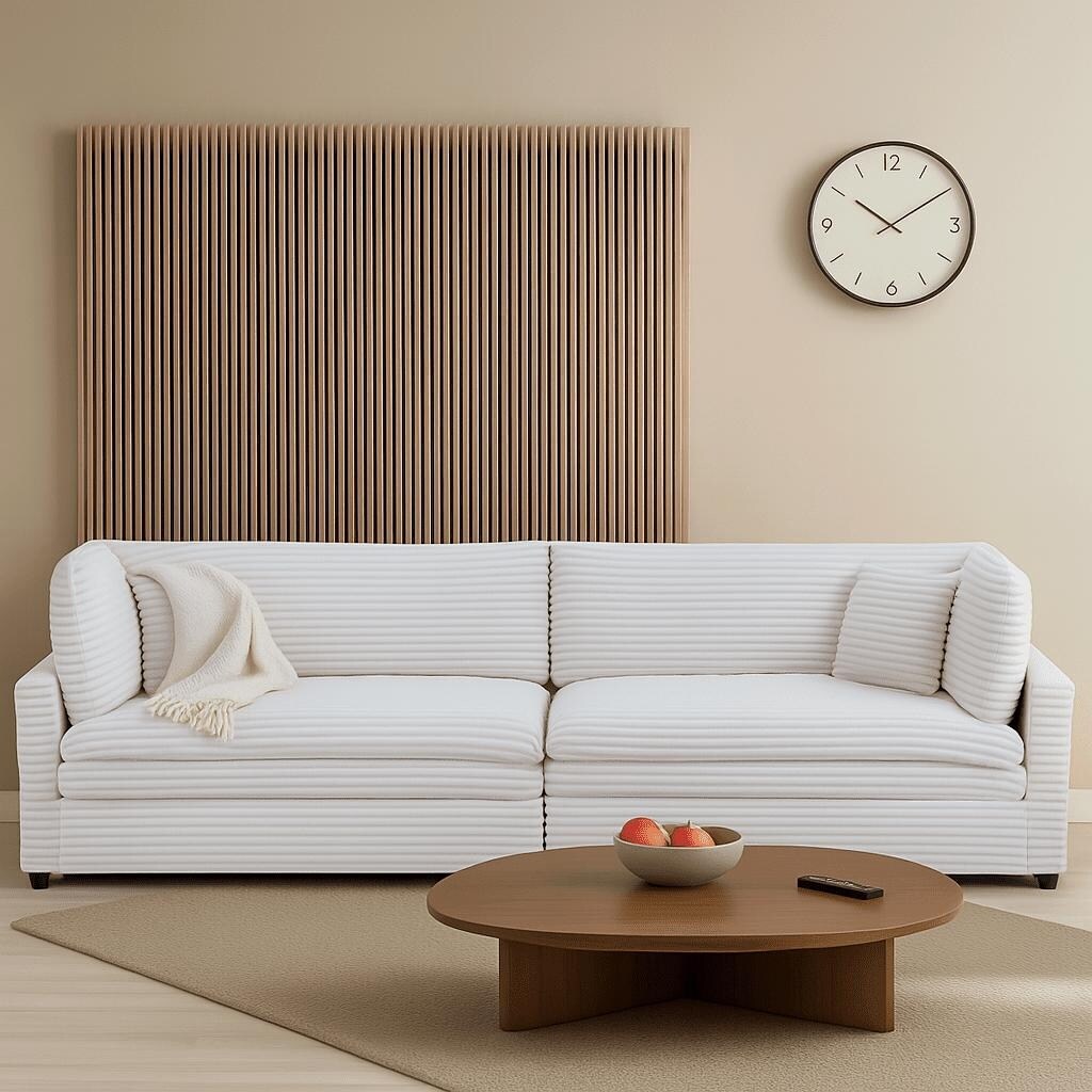 Canapé trois places classique et élégant en velours côtelé avec deux coussins décoratifs