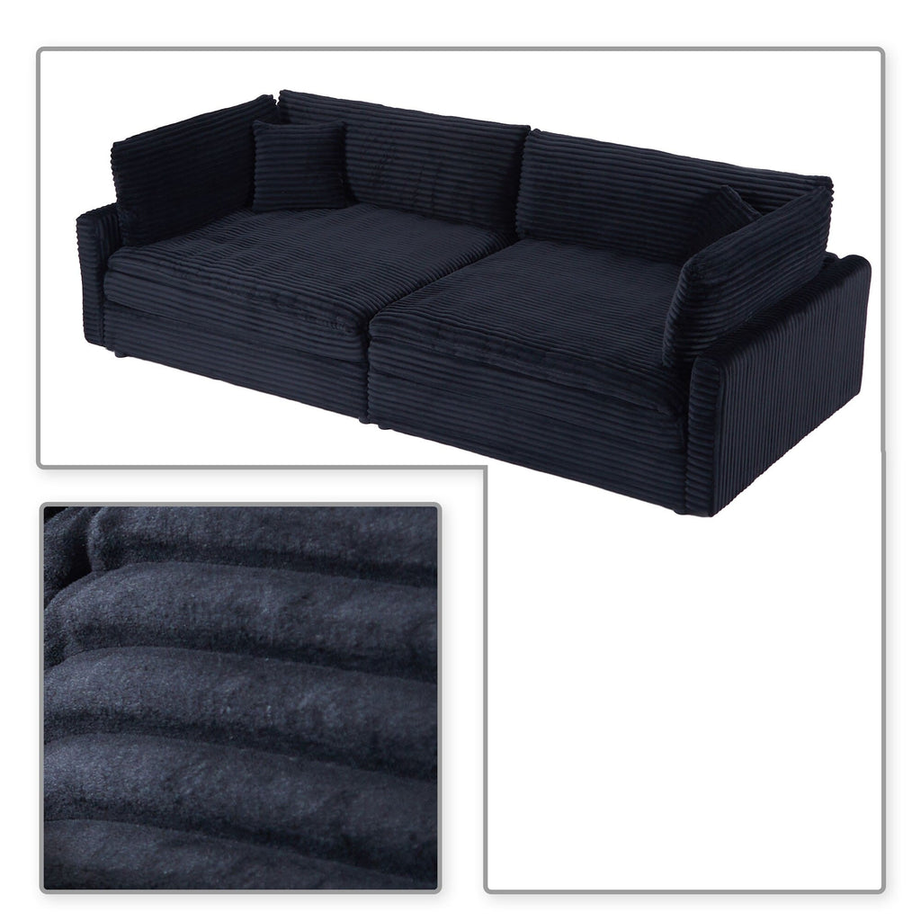 Canapé trois places classique et élégant en velours côtelé avec deux coussins décoratifs