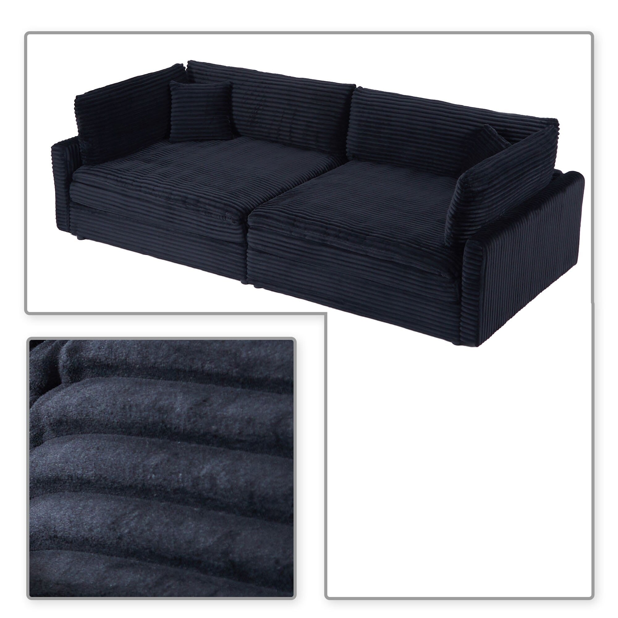 Canapé trois places classique et élégant en velours côtelé avec deux coussins décoratifs