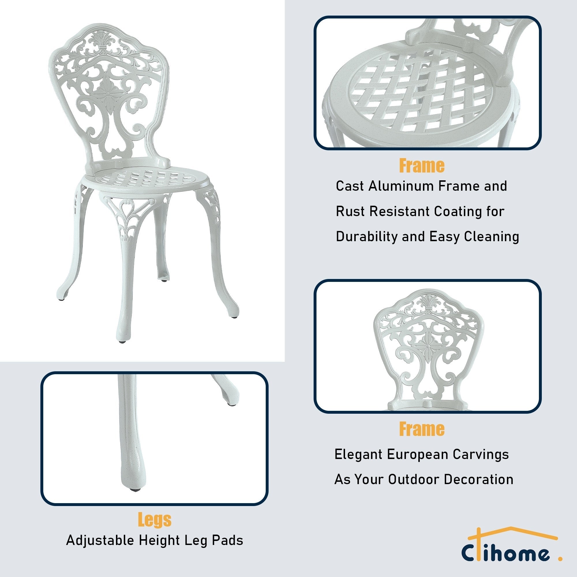 Ensemble bistrot d'extérieur 3 pièces en aluminium moulé résistant à la rouille Clihome