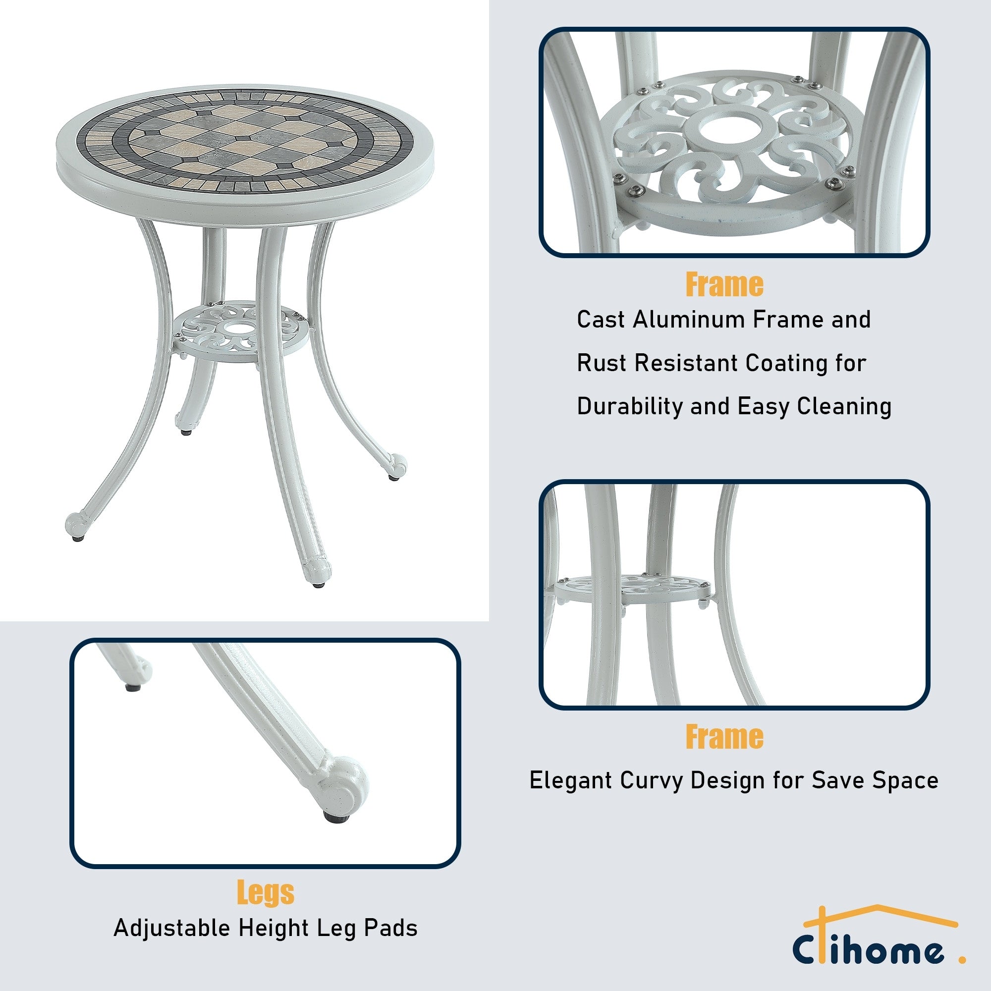 Ensemble bistrot d'extérieur 3 pièces en aluminium moulé résistant à la rouille Clihome