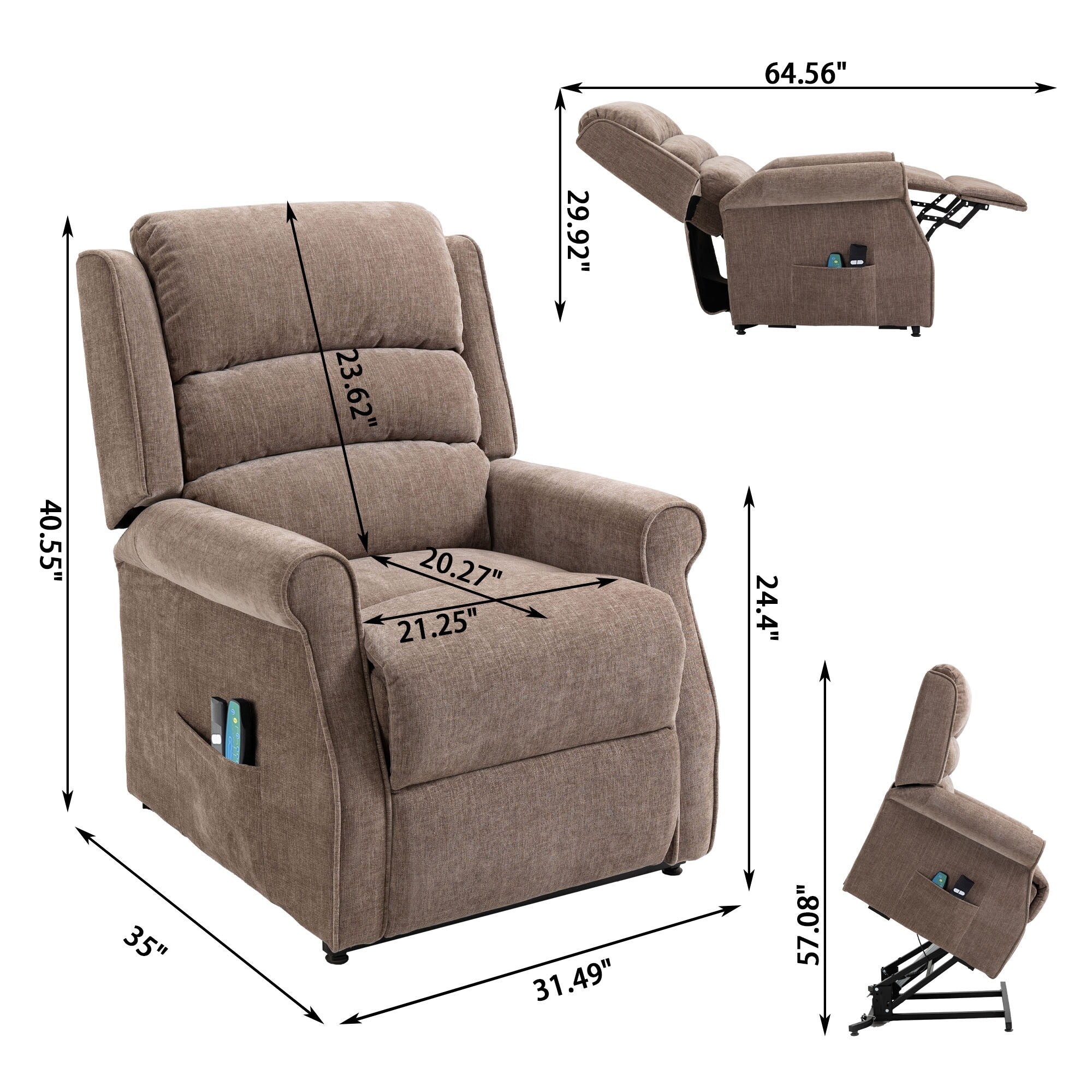Fauteuil inclinable électrique Clihome en tissu chenille avec fonction massage
