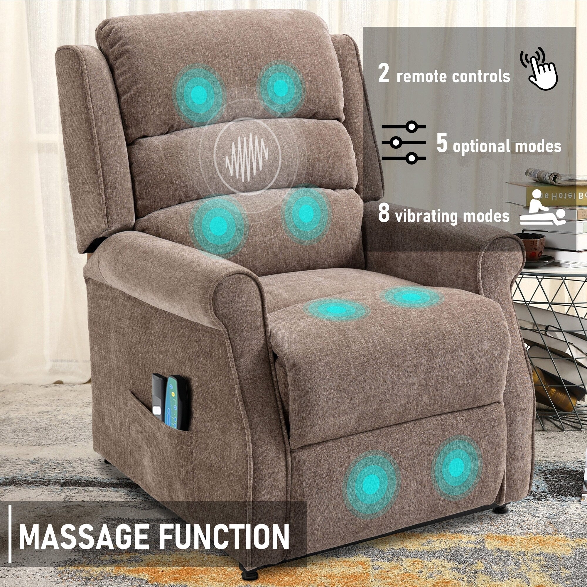 Fauteuil inclinable électrique Clihome en tissu chenille avec fonction massage
