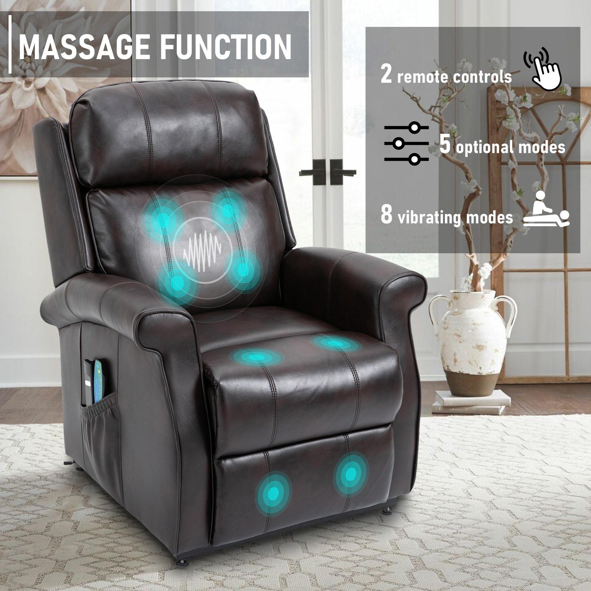Fauteuil inclinable électrique Clihome en similicuir pour personnes âgées avec fonction massage