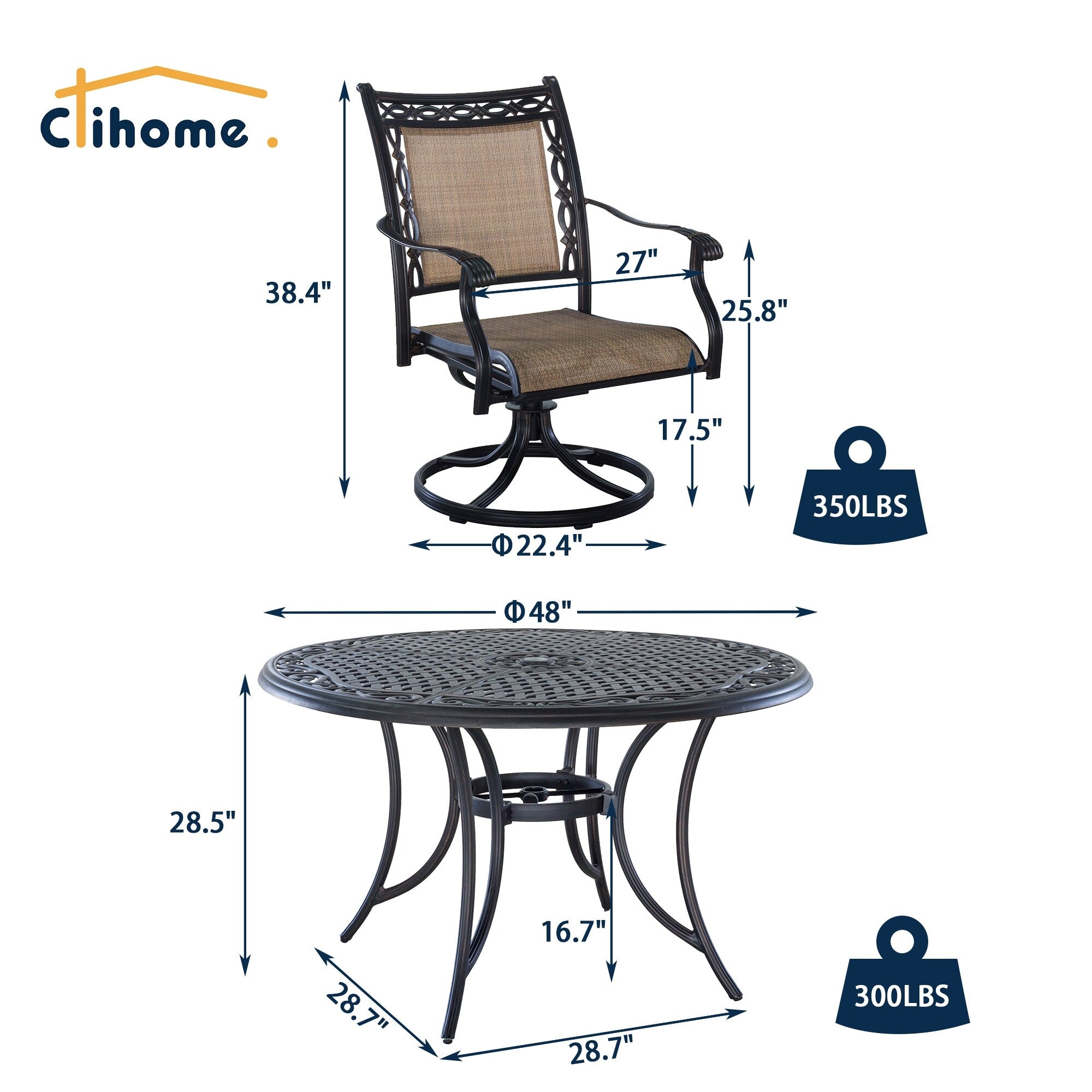 Ensemble de salle à manger d'extérieur Clihome 5 pièces en aluminium moulé pour patio