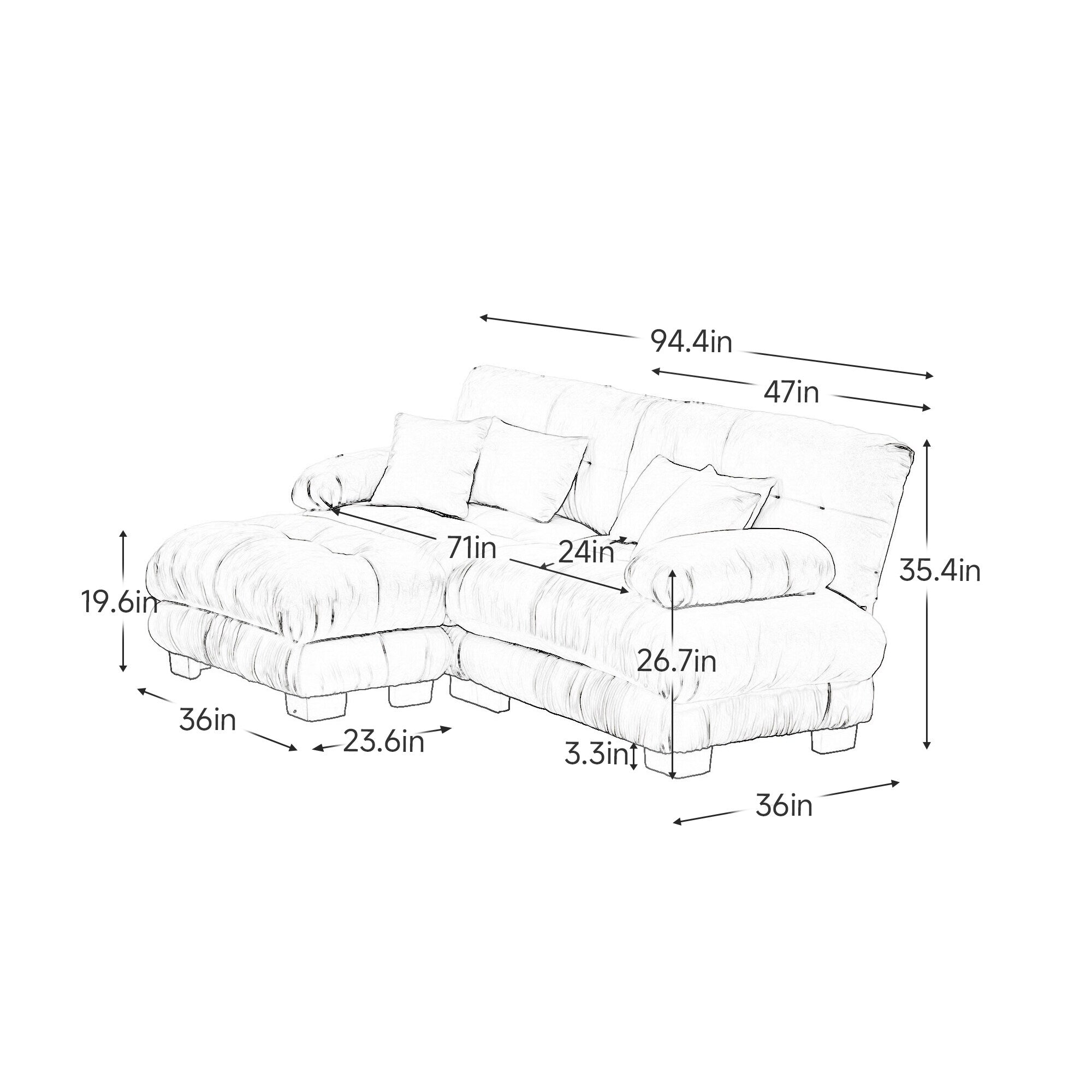 Canapé sectionnel Cloud pour salon, canapé 2 places en chenille avec 2 coussins lombaires et 2 coussins décoratifs