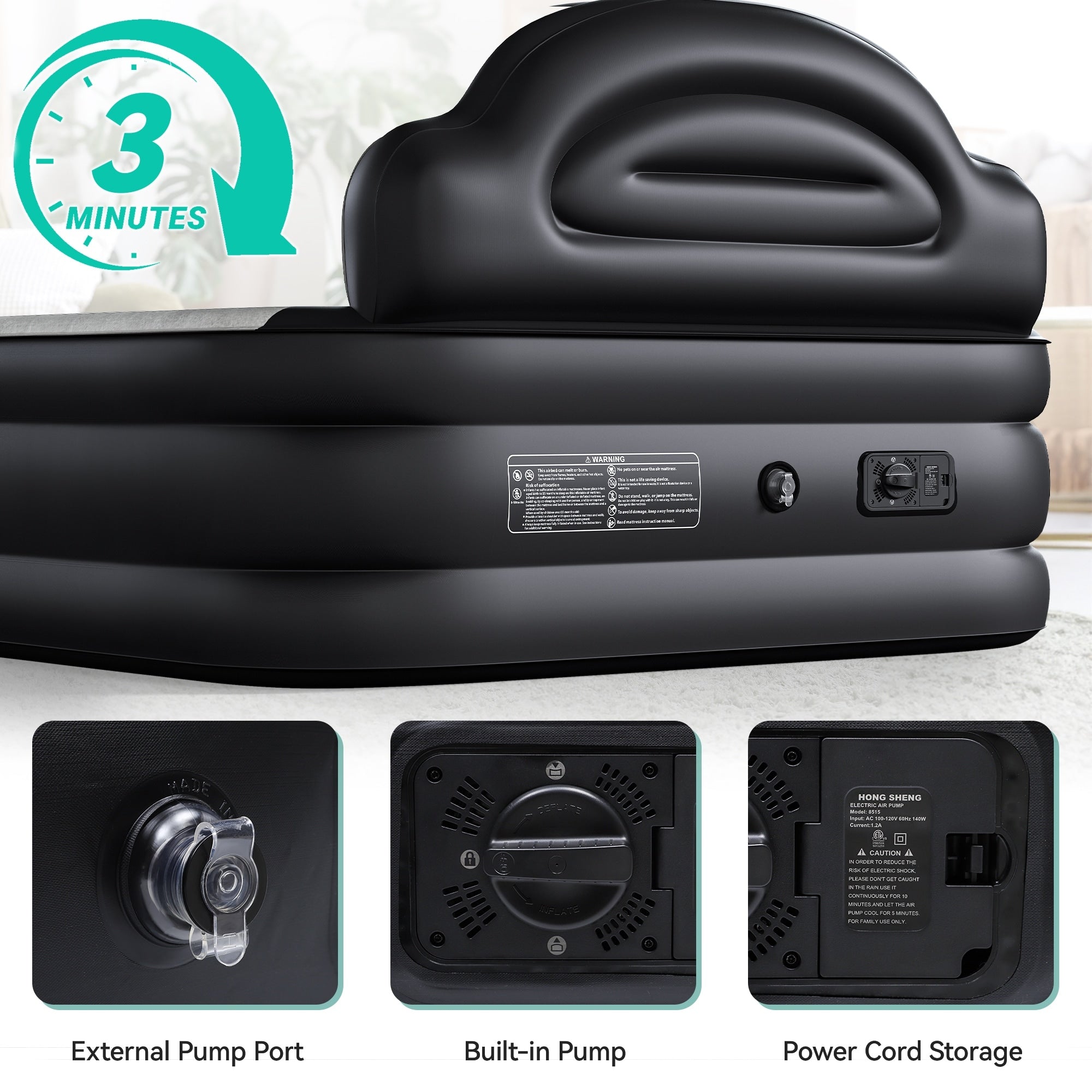 Matelas gonflable en forme de nuage avec cordon d'alimentation intégré, tête de pompe fixe et tête de lit gonflable