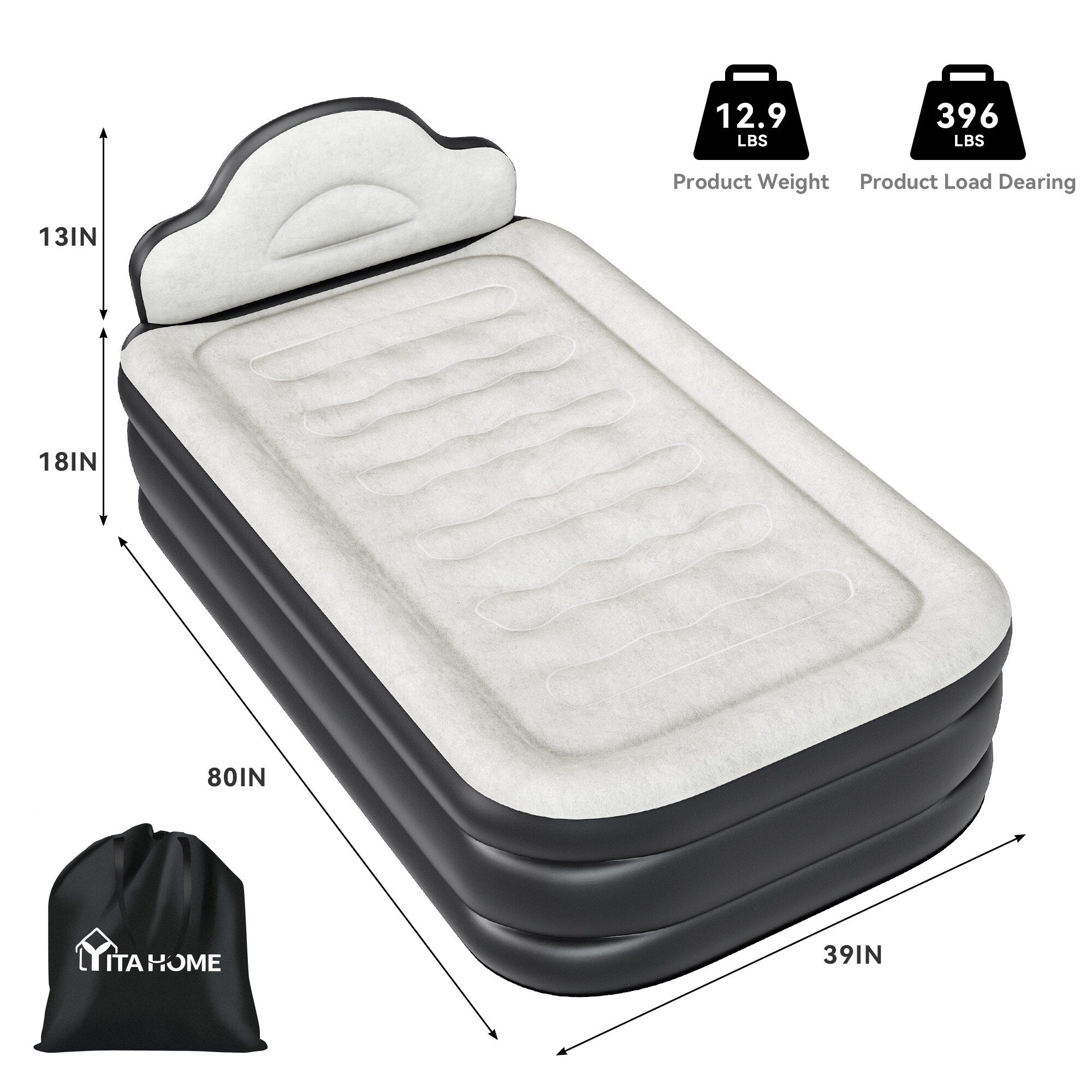 Matelas gonflable en forme de nuage avec cordon d'alimentation intégré, tête de pompe fixe et tête de lit gonflable