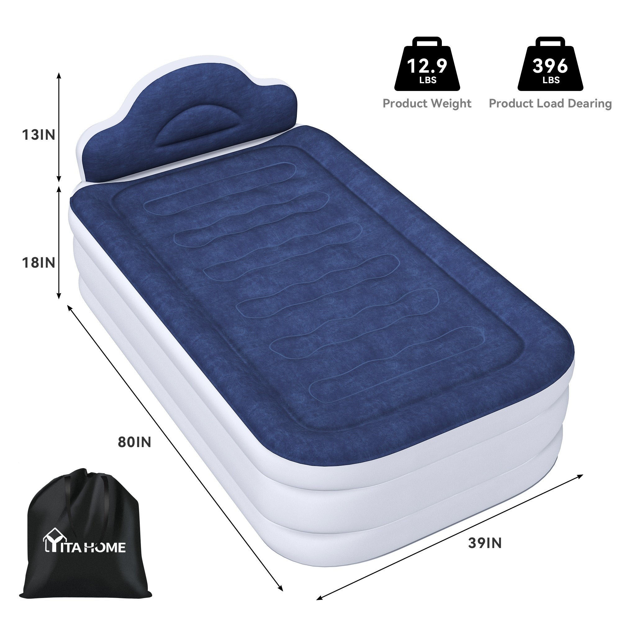 Matelas gonflable en forme de nuage avec cordon d'alimentation intégré, tête de pompe fixe et tête de lit gonflable