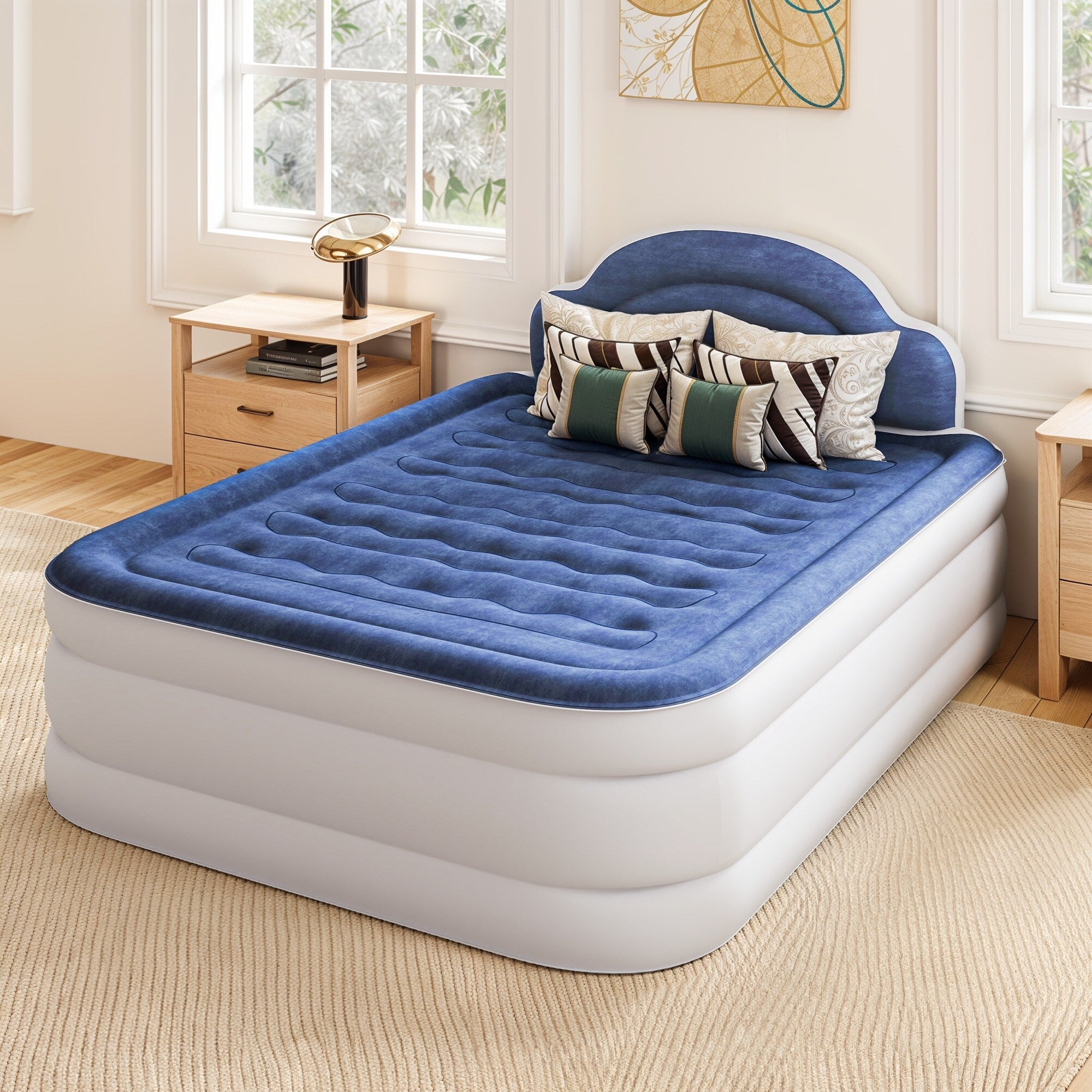 Matelas gonflable en forme de nuage avec cordon d'alimentation intégré, tête de pompe fixe et tête de lit gonflable