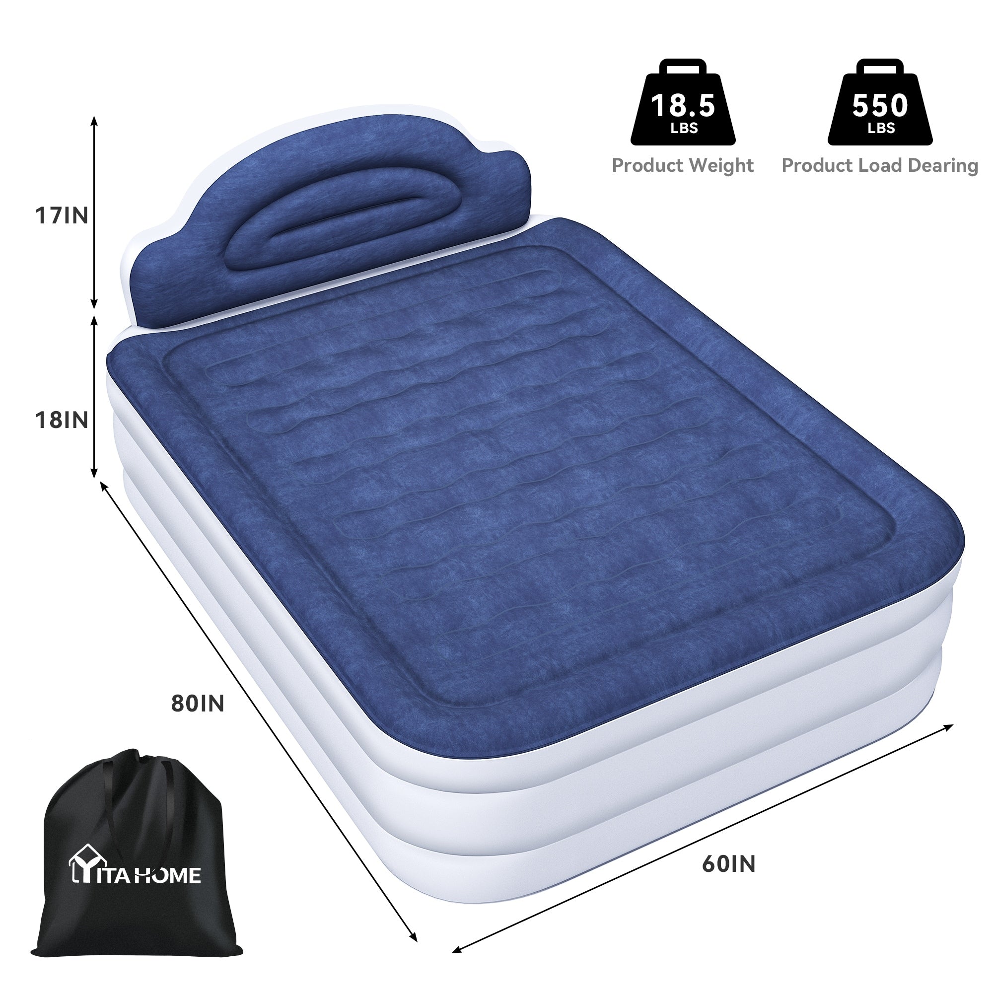 Matelas gonflable en forme de nuage avec cordon d'alimentation intégré, tête de pompe fixe et tête de lit gonflable