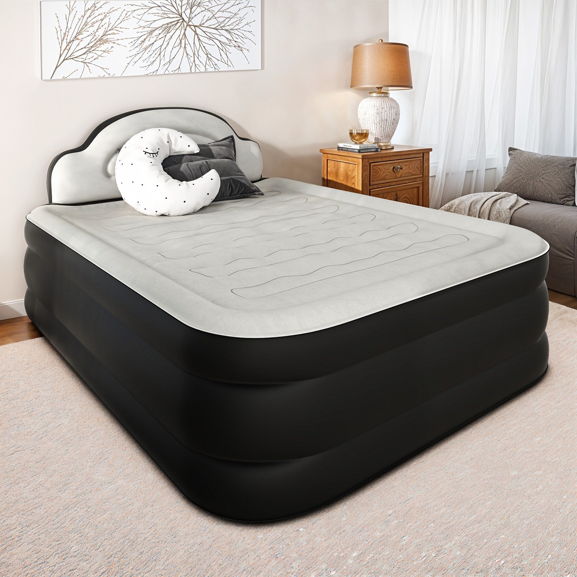 Matelas gonflable en forme de nuage avec cordon d'alimentation intégré, tête de pompe fixe et tête de lit gonflable
