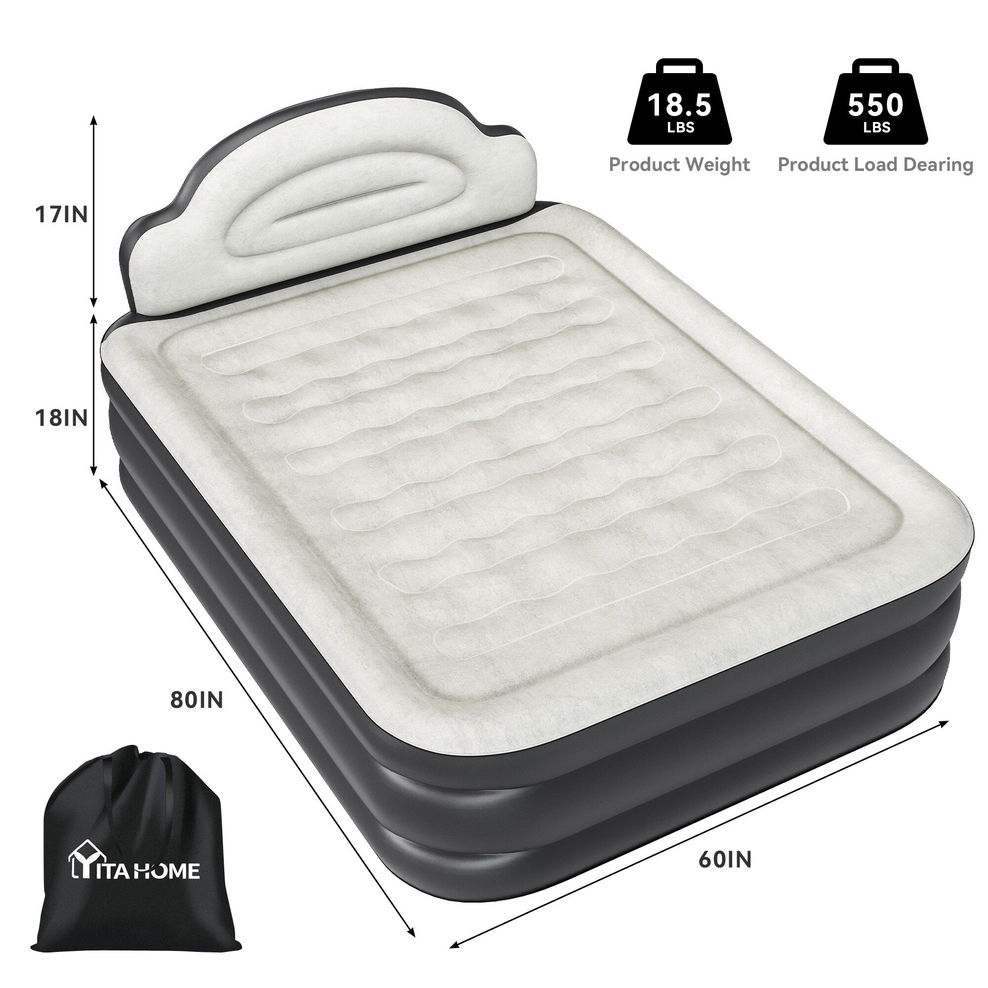 Matelas gonflable en forme de nuage avec cordon d'alimentation intégré, tête de pompe fixe et tête de lit gonflable