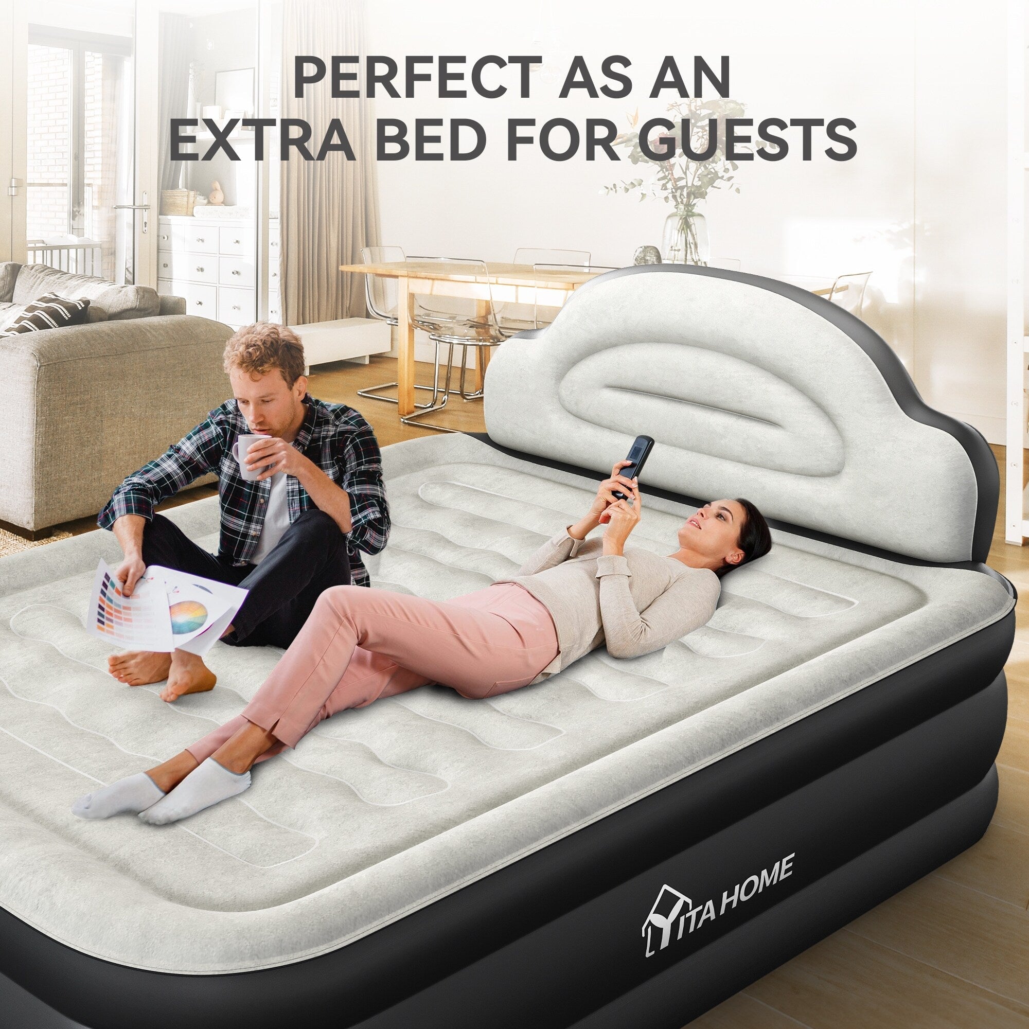 Matelas gonflable en forme de nuage avec cordon d'alimentation intégré, tête de pompe fixe et tête de lit gonflable