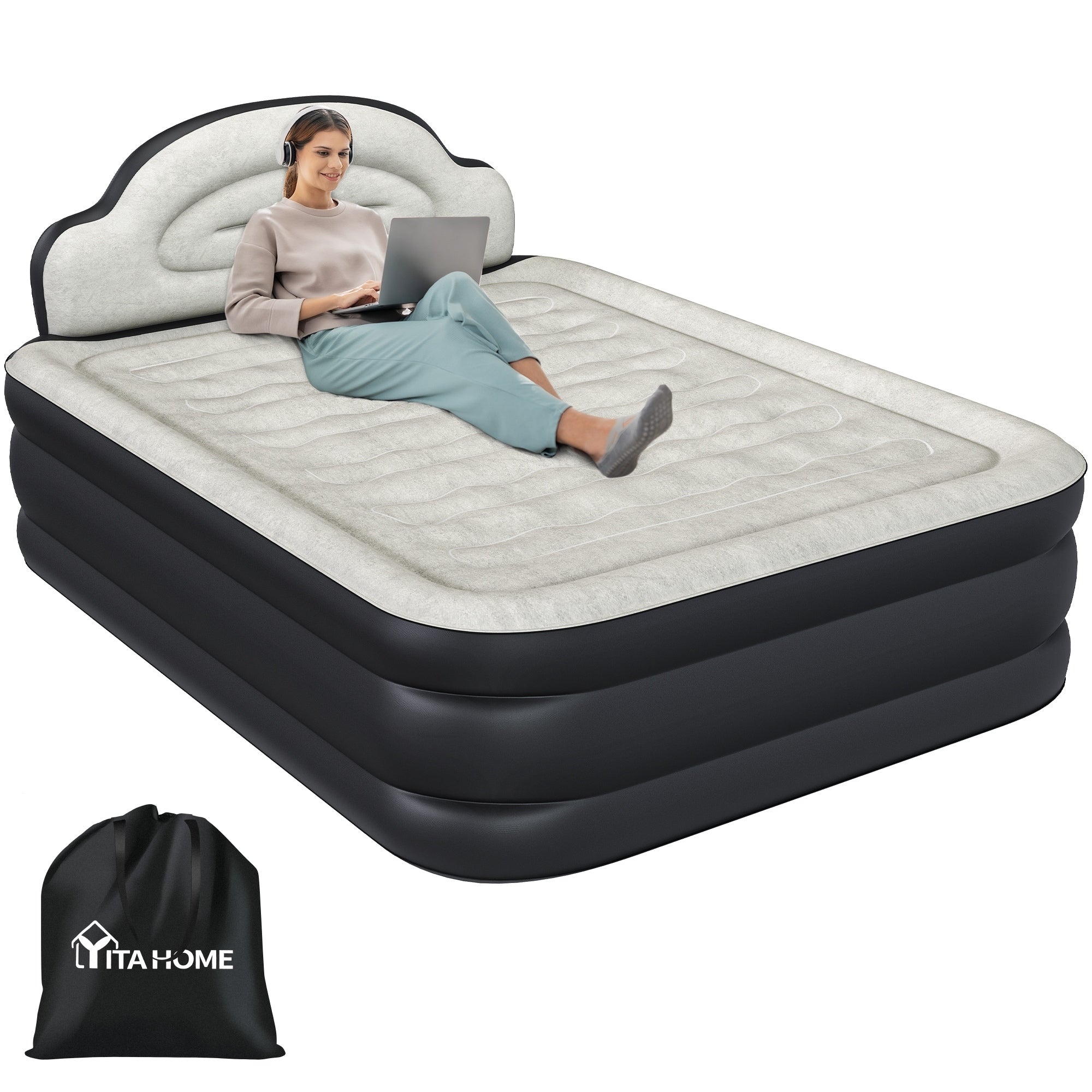 Matelas gonflable en forme de nuage avec cordon d'alimentation intégré, tête de pompe fixe et tête de lit gonflable