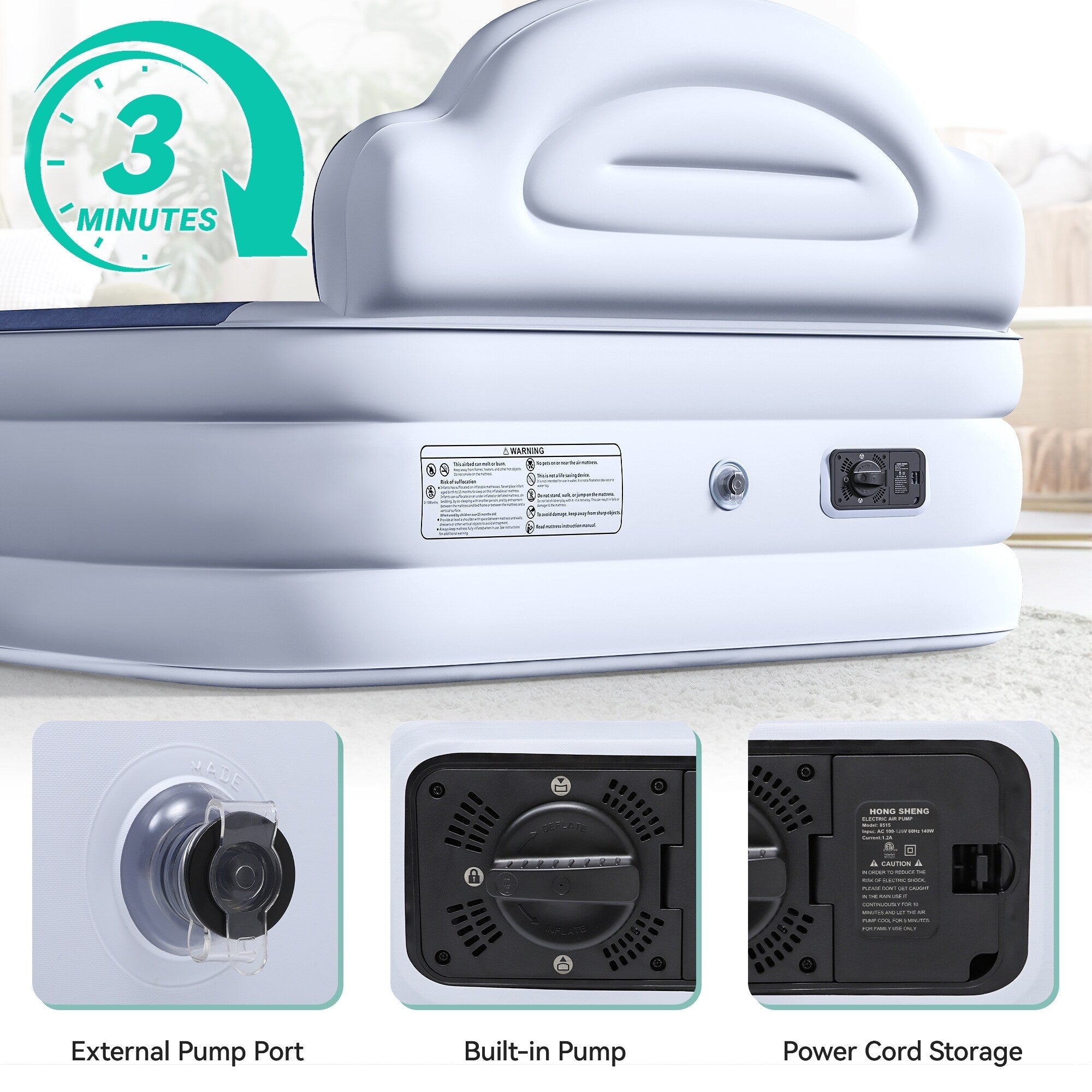 Matelas gonflable en forme de nuage avec cordon d'alimentation intégré, tête de pompe fixe et tête de lit gonflable