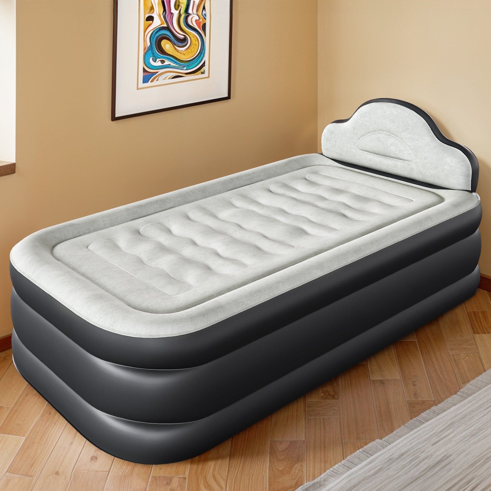 Matelas gonflable en forme de nuage avec cordon d'alimentation intégré, tête de pompe fixe et tête de lit gonflable