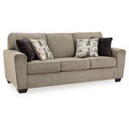 Canapé Cluer, chenille polyester marron moka, 4 coussins décoratifs, 220 cm