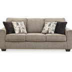 Canapé Cluer, chenille polyester marron moka, 4 coussins décoratifs, 220 cm