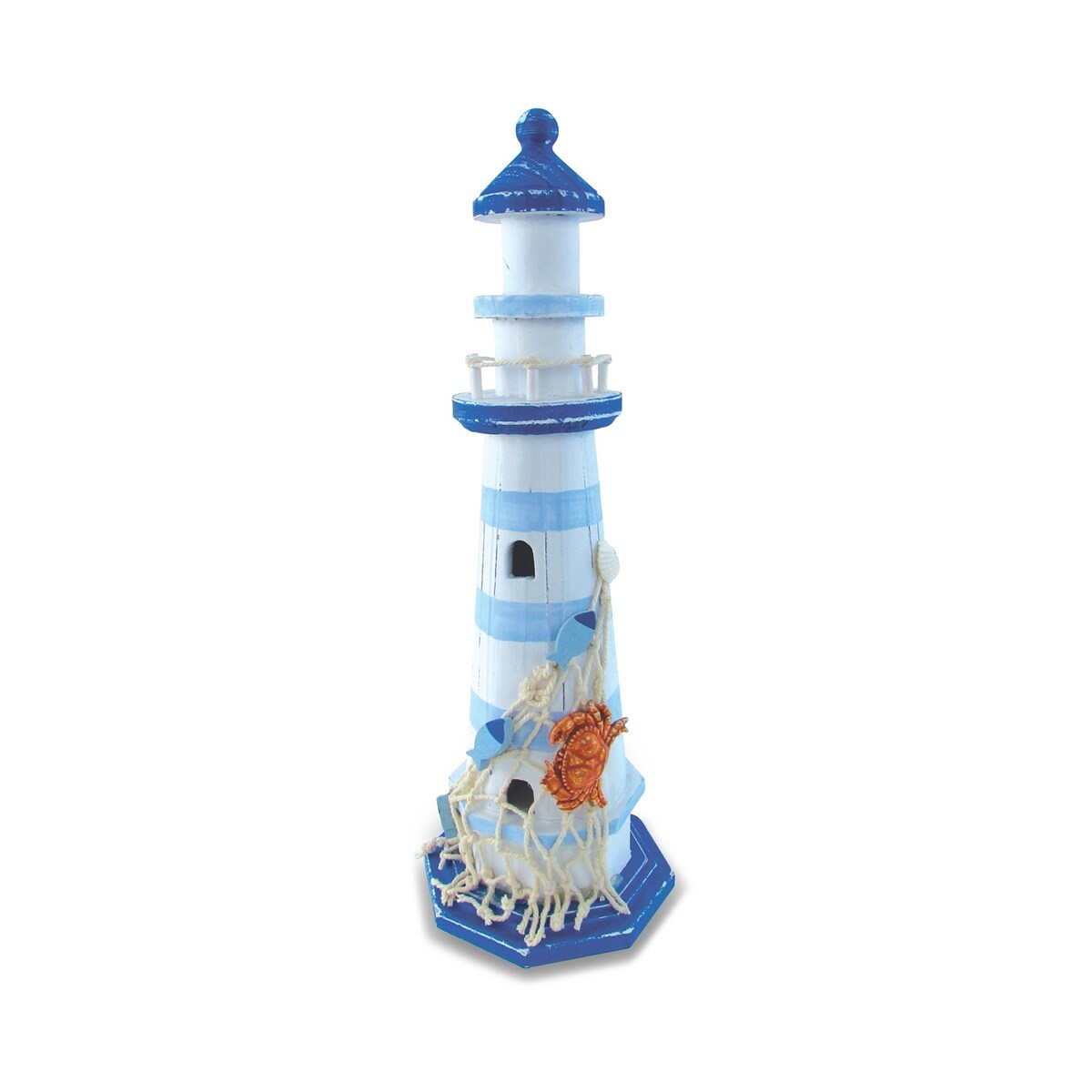 Phare bleu clair à rayures CoTa Global avec décor de crabe et de filet de pêche - 4 x 4 x 12,25 pouces
