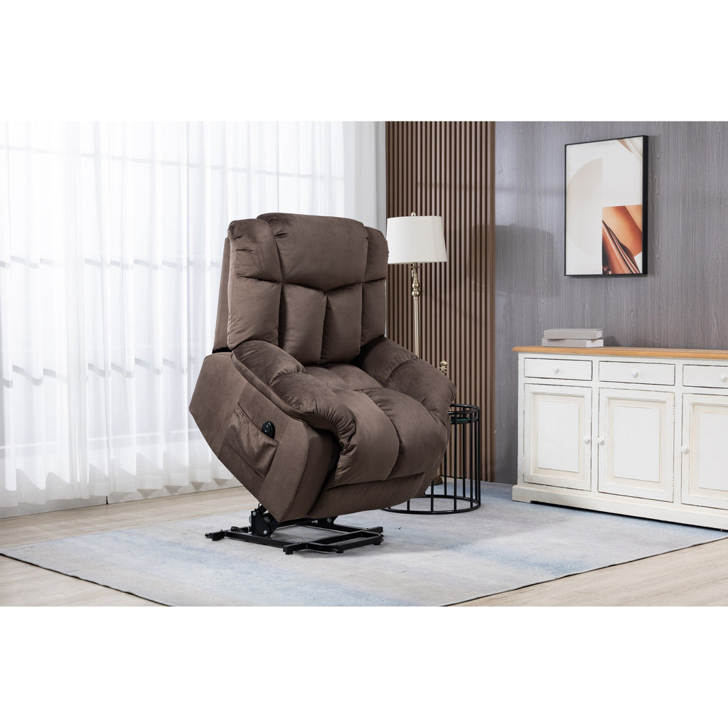 Fauteuil inclinable électrique en velours café avec télécommande et poches latérales