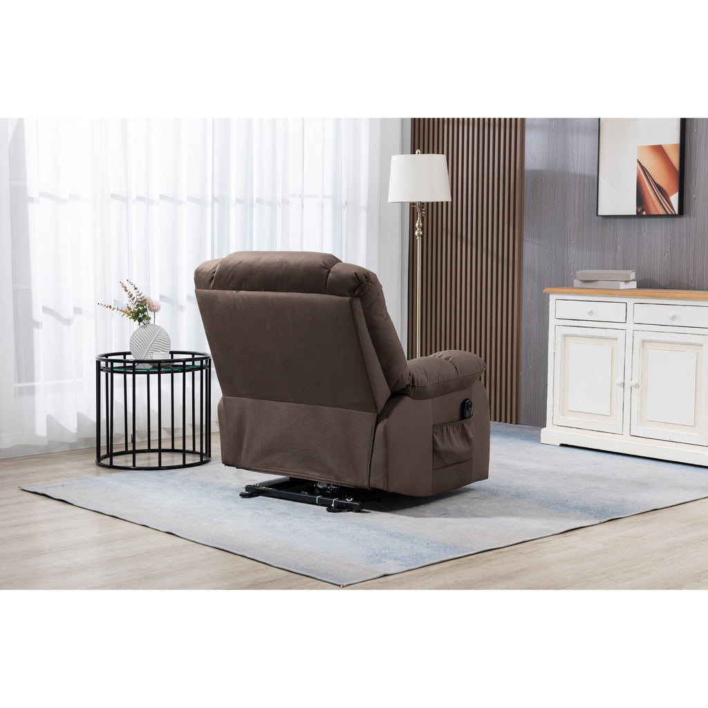 Fauteuil inclinable électrique en velours café avec télécommande et poches latérales
