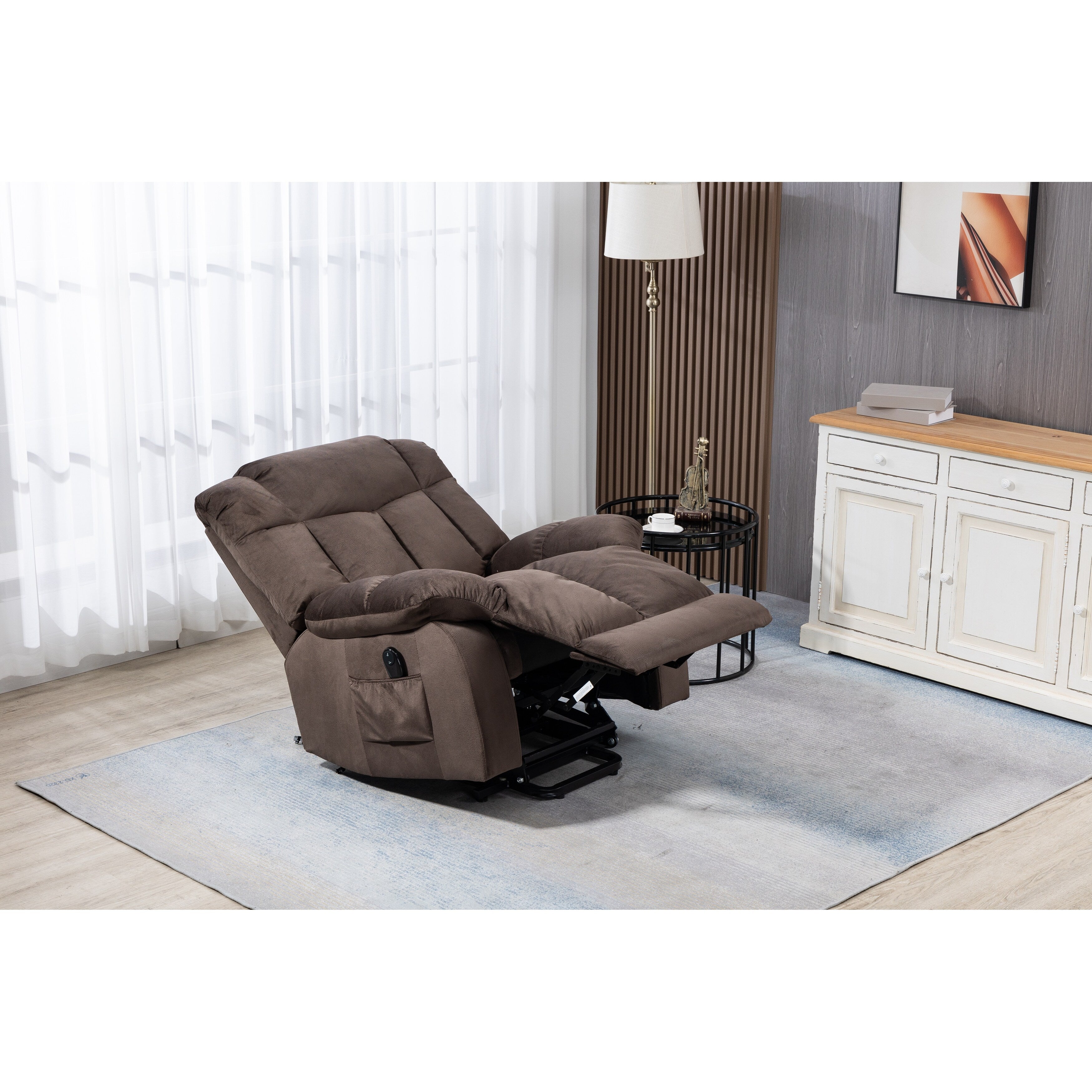 Fauteuil inclinable électrique en velours café avec télécommande et poches latérales
