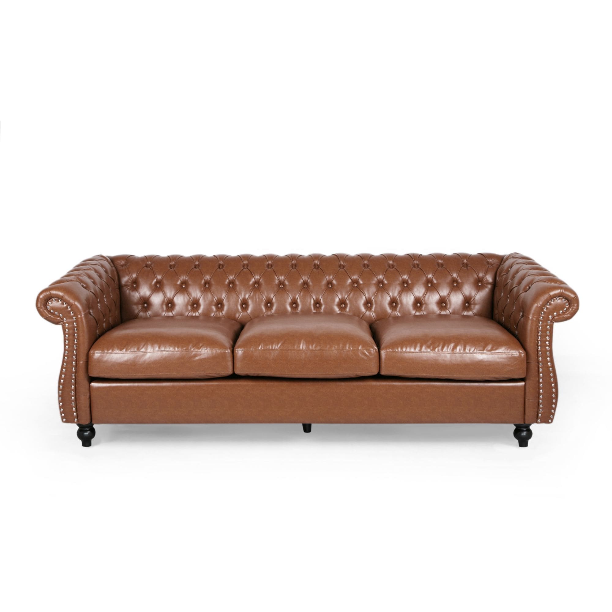 Canapé 3 places Chesterfield Cognac 84,75, capitonné, avec clous et pieds en bois, pour le salon