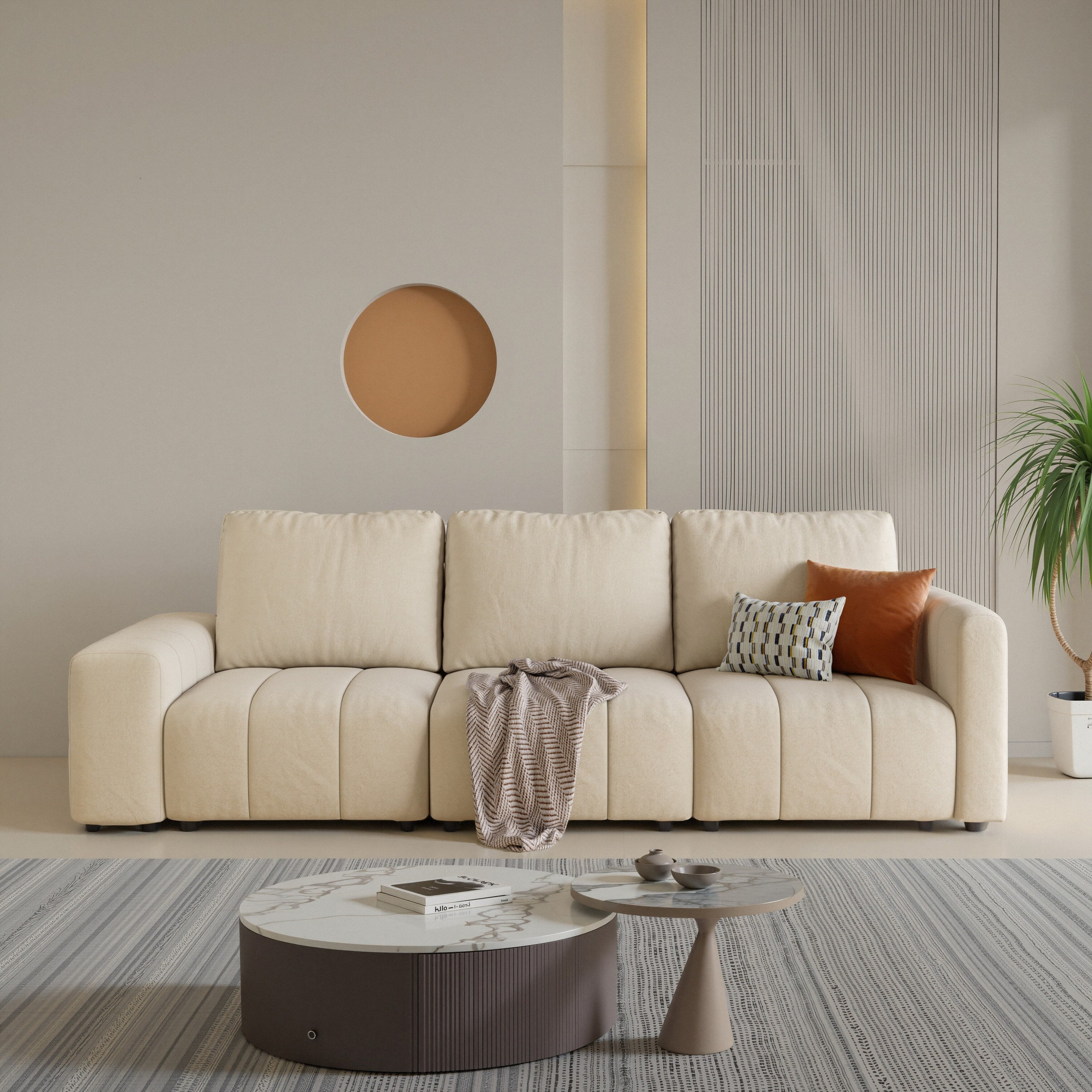 Canapé combiné trois places en tissu griffoir pour chat, accoudoirs hauts et bas, style Bacta, beige