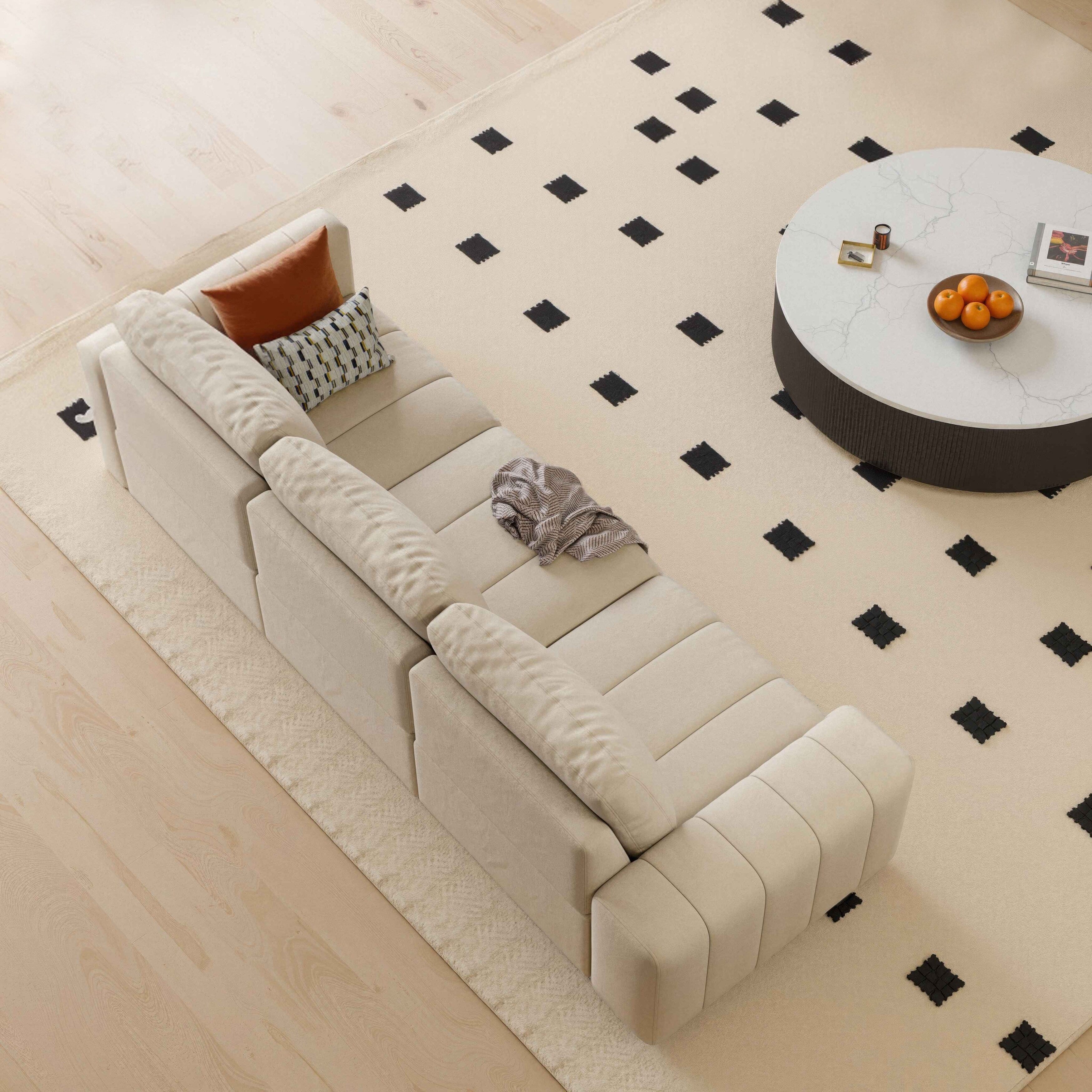 Canapé combiné trois places en tissu griffoir pour chat, accoudoirs hauts et bas, style Bacta, beige