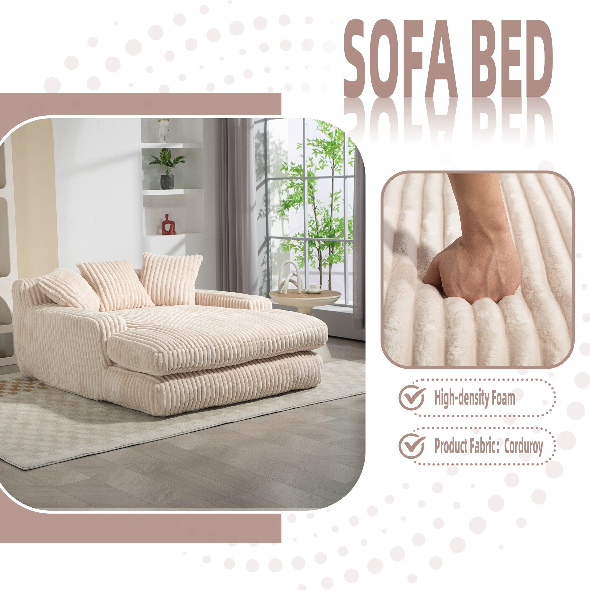 Canapé-lit en velours côtelé avec rembourrage en éponge hautement élastique, sans installation pour le salon