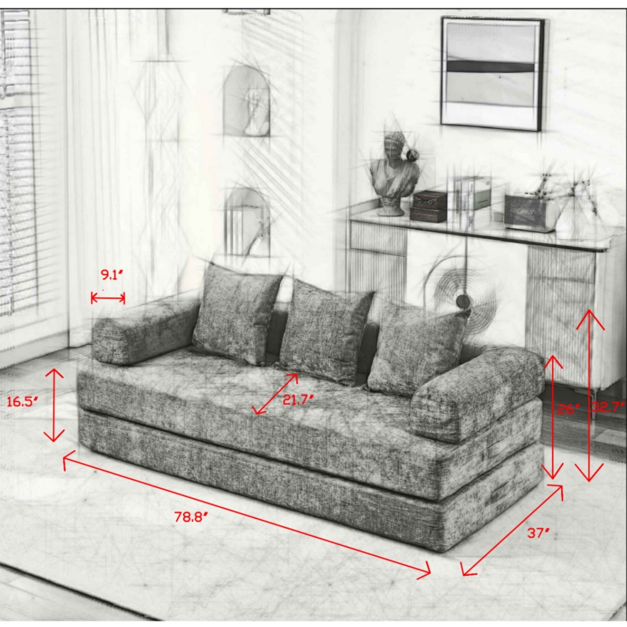 Canapé-lit convertible confortable avec matelas pliant, canapé-lit de sol, canapé de sol en chenille avec accoudoir, canapé de salon de sol