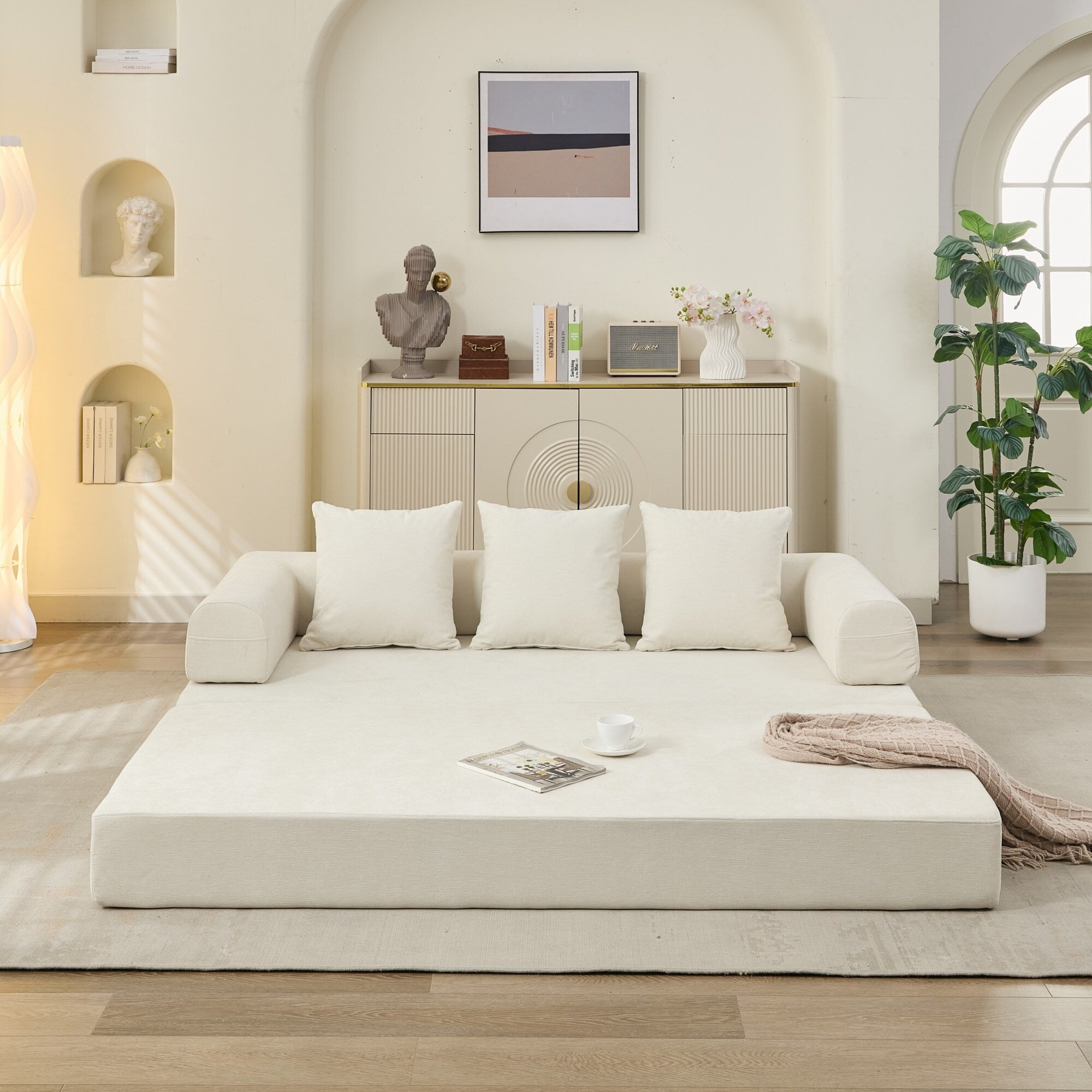 Canapé-lit convertible confortable avec matelas pliant, canapé-lit de sol, canapé de sol en chenille avec accoudoir, canapé de salon de sol