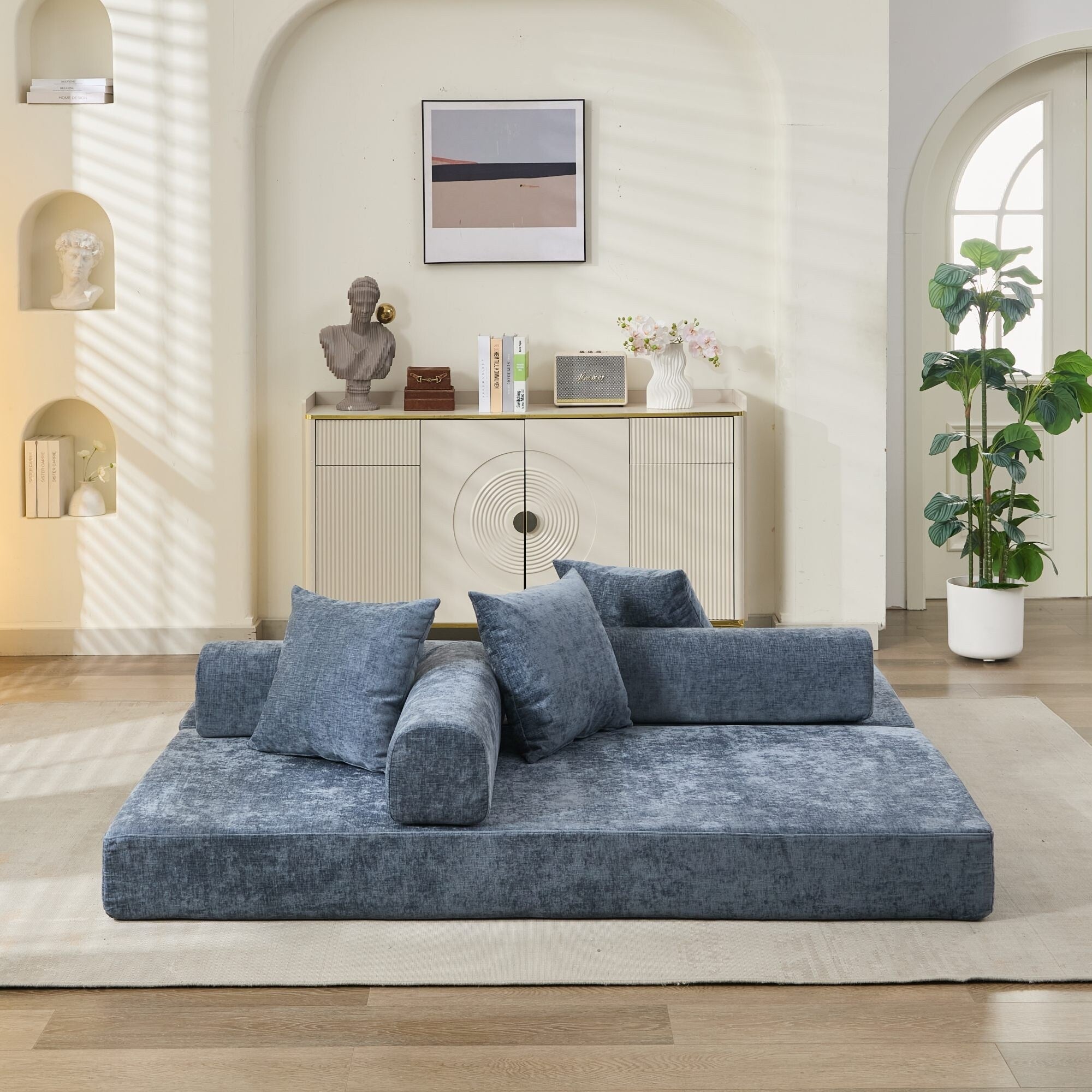 Canapé-lit convertible confortable avec matelas pliant, canapé-lit de sol, canapé de sol en chenille avec accoudoir, canapé de salon de sol