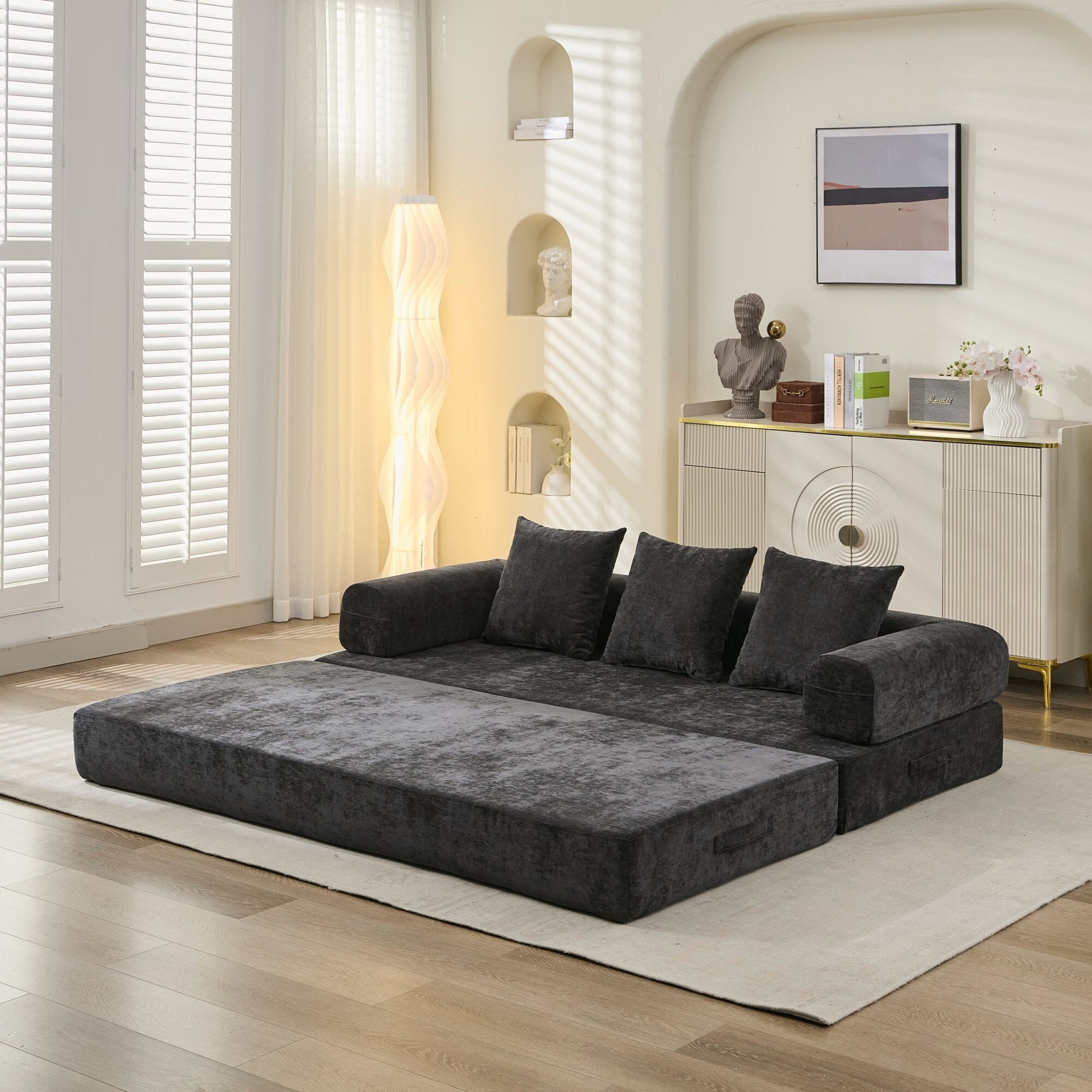 Canapé-lit convertible confortable avec matelas pliant, canapé-lit de sol, canapé de sol en chenille avec accoudoir, canapé de salon de sol