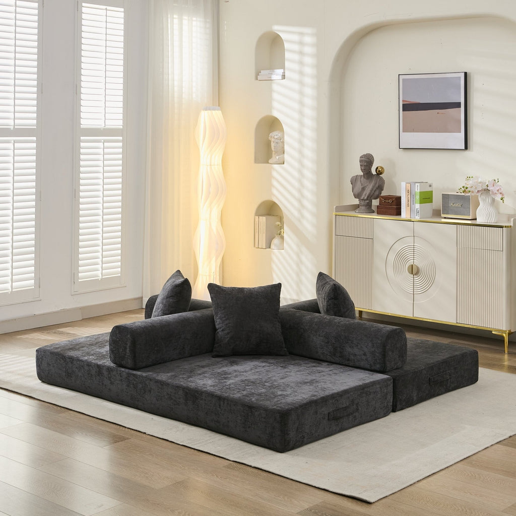 Canapé-lit convertible confortable avec matelas pliant, canapé-lit de sol, canapé de sol en chenille avec accoudoir, canapé de salon de sol