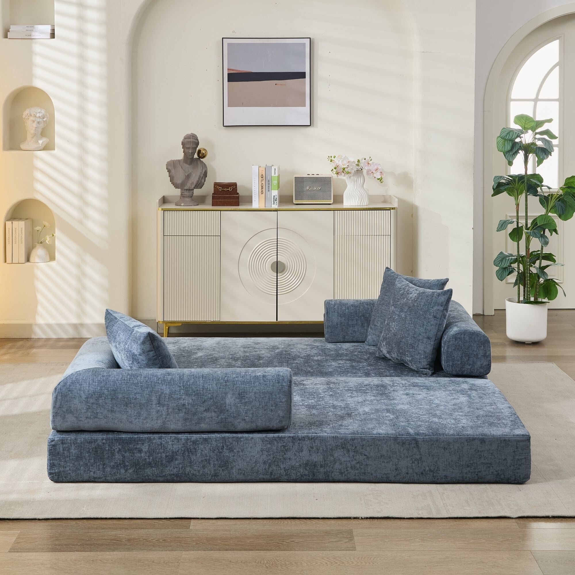 Canapé-lit convertible confortable avec matelas pliant, canapé-lit de sol, canapé de sol en chenille avec accoudoir, canapé de salon de sol