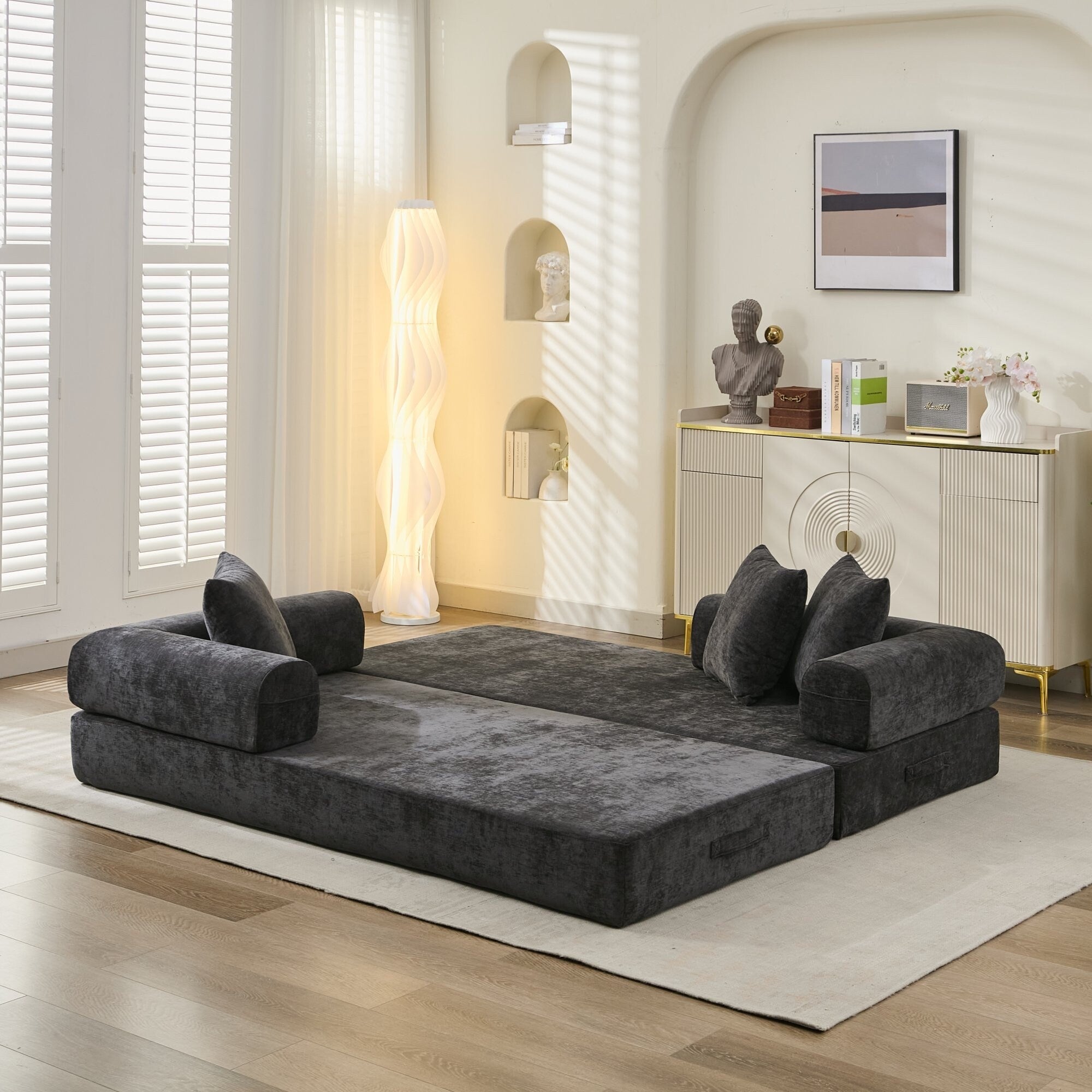 Canapé-lit convertible confortable avec matelas pliant, canapé-lit de sol, canapé de sol en chenille avec accoudoir, canapé de salon de sol