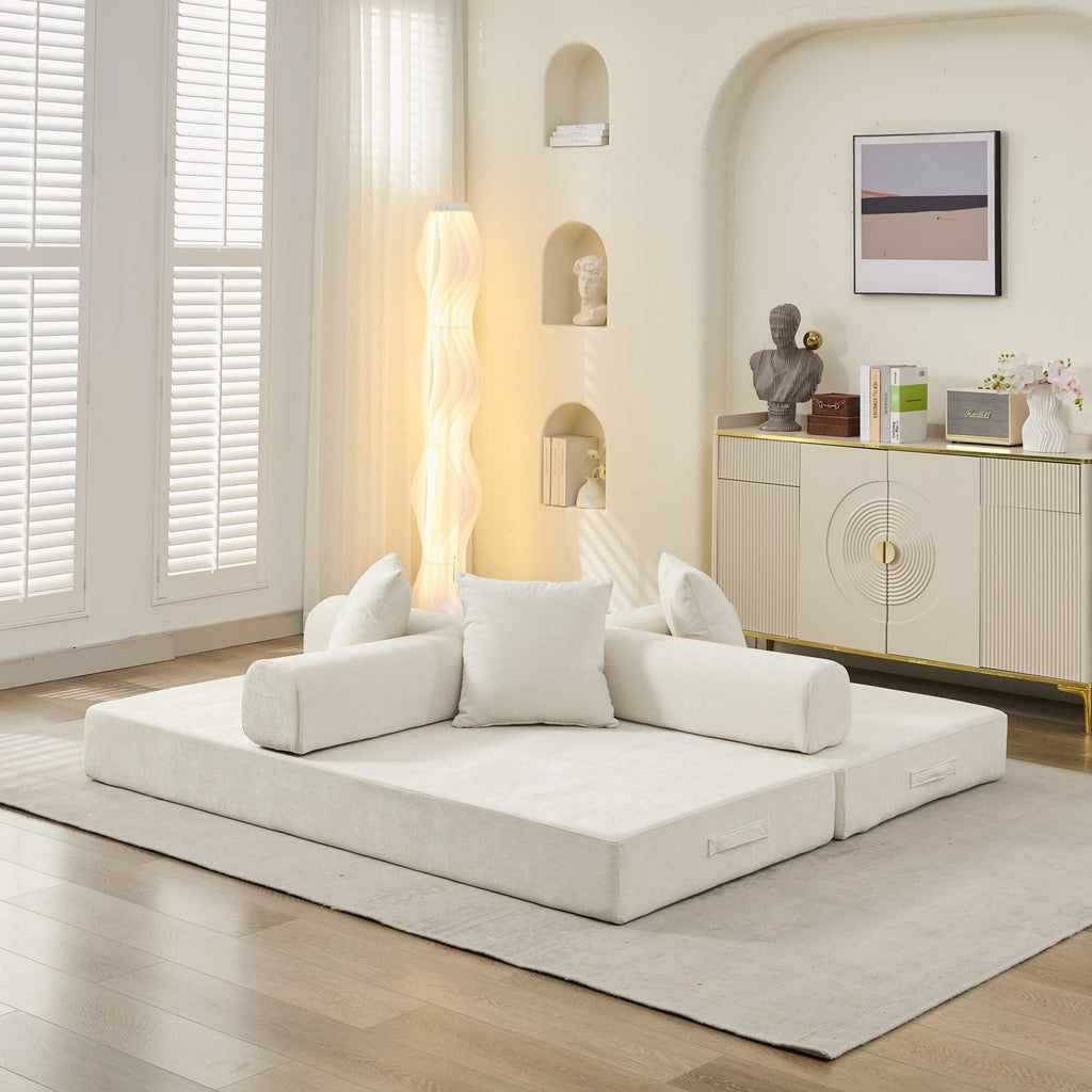 Canapé-lit convertible confortable avec matelas pliant, canapé-lit de sol, canapé de sol en chenille avec accoudoir, canapé de salon de sol