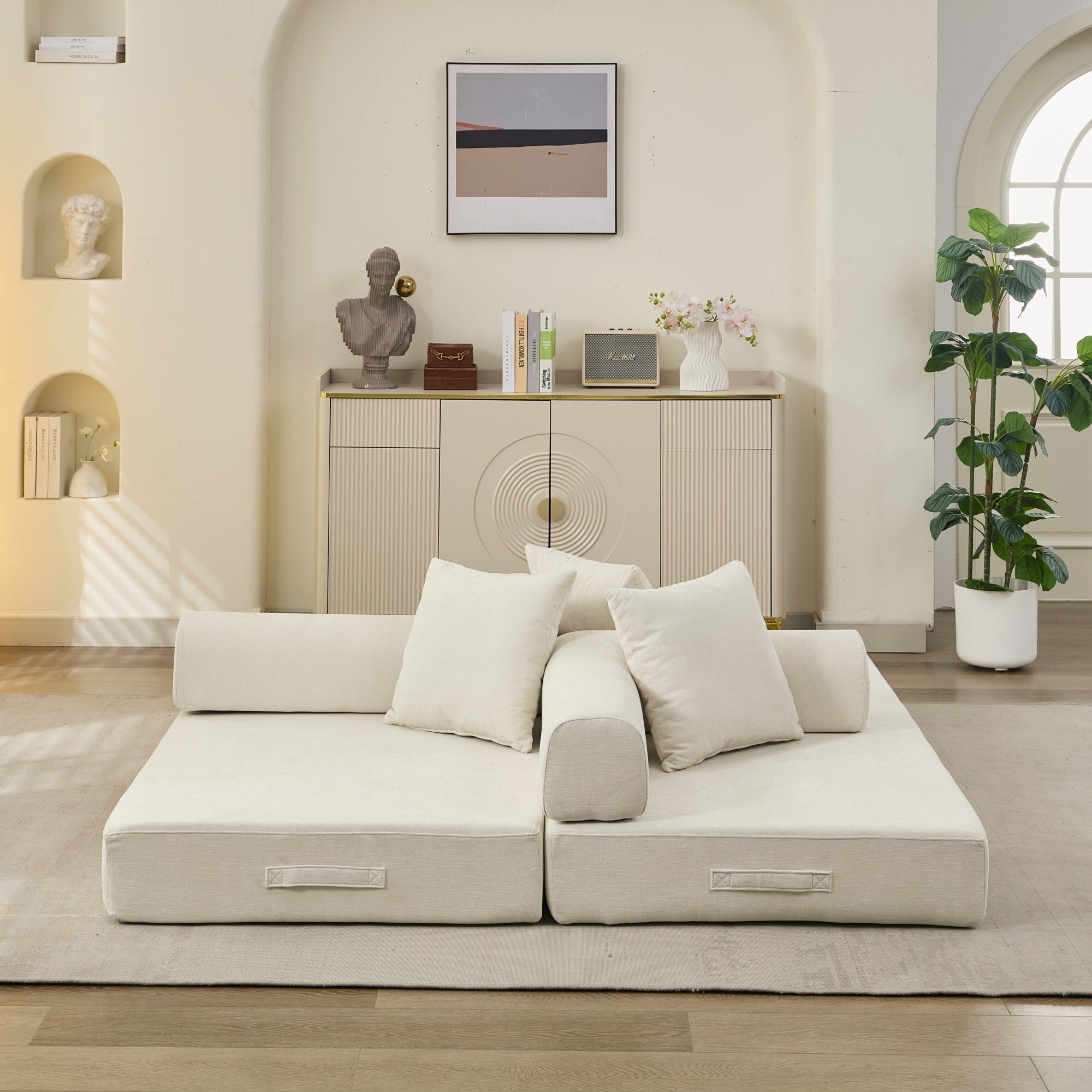 Canapé-lit convertible confortable avec matelas pliant, canapé-lit de sol, canapé de sol en chenille avec accoudoir, canapé de salon de sol