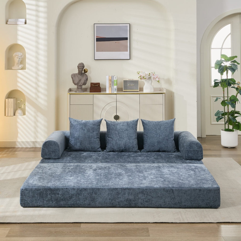 Canapé-lit convertible confortable avec matelas pliant, canapé-lit de sol, canapé de sol en chenille avec accoudoir, canapé de salon de sol