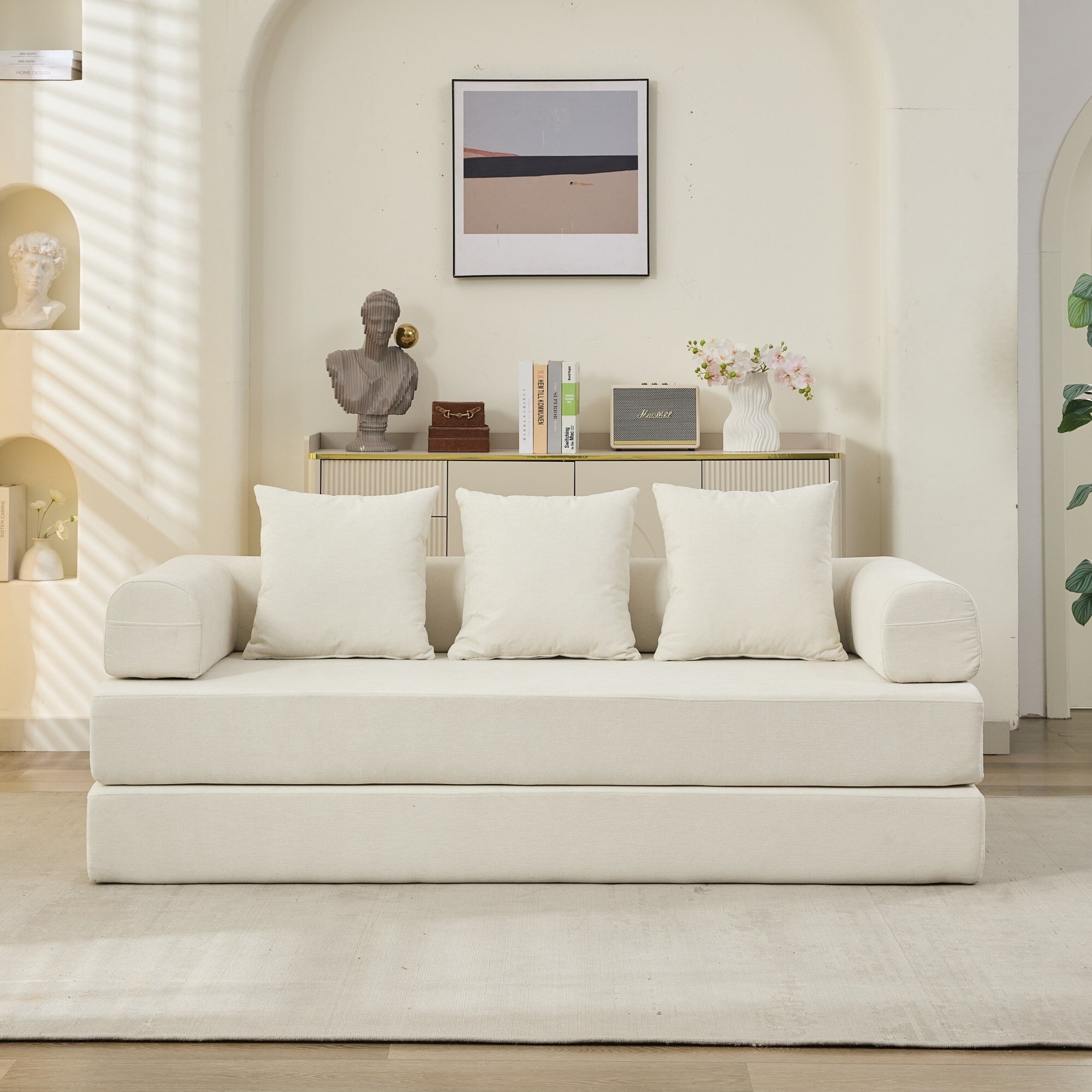 Canapé-lit convertible confortable avec matelas pliant, canapé-lit de sol, canapé de sol en chenille avec accoudoir, canapé de salon