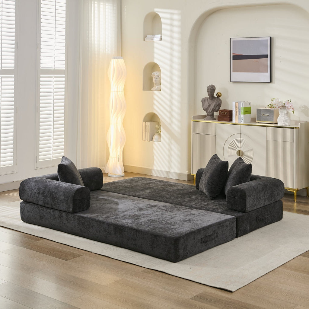 Canapé-lit convertible confortable avec matelas pliant, canapé-lit de sol, canapé de sol en chenille avec accoudoir, canapé de salon