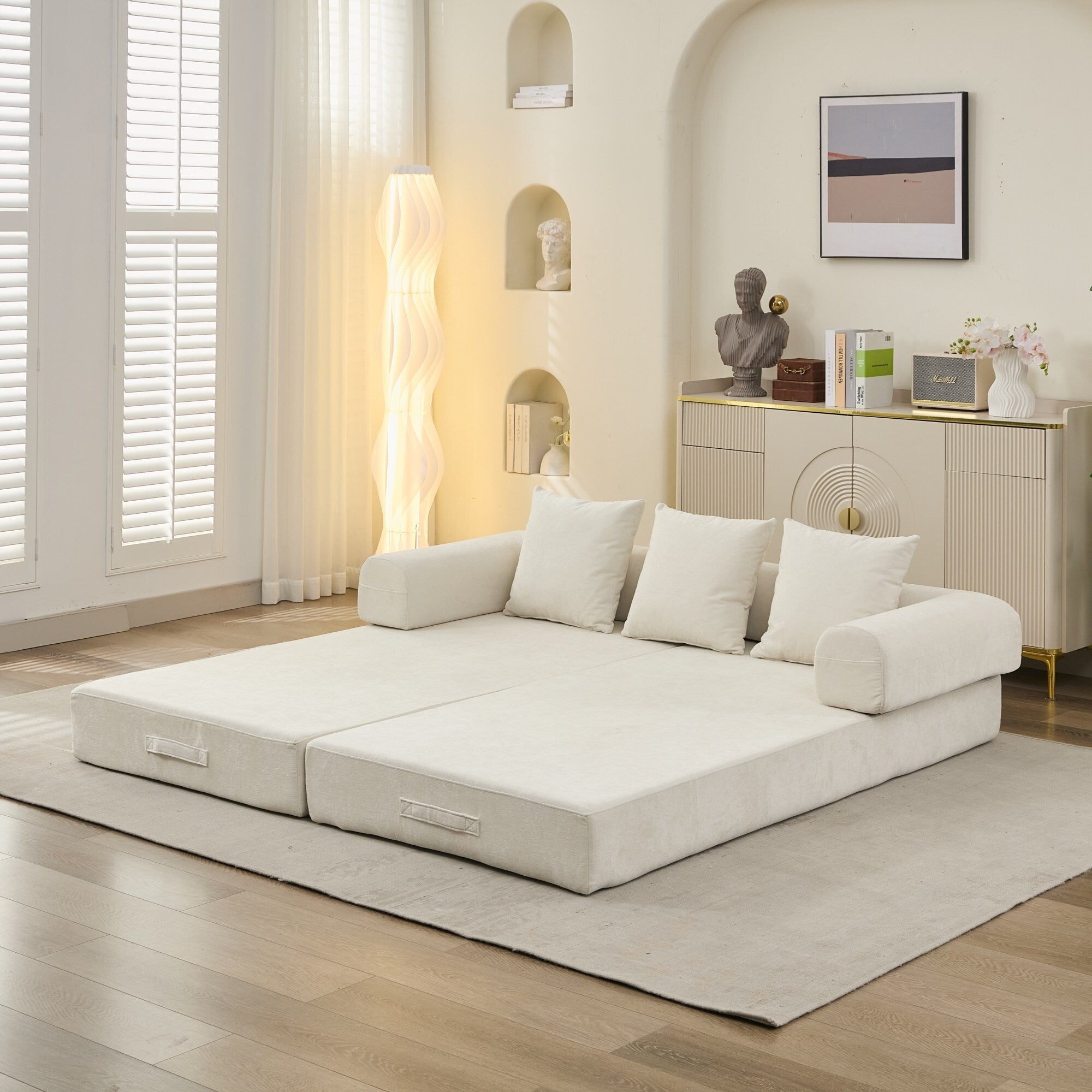 Canapé-lit convertible confortable avec matelas pliant, canapé-lit de sol, canapé de sol en chenille avec accoudoir, canapé de salon